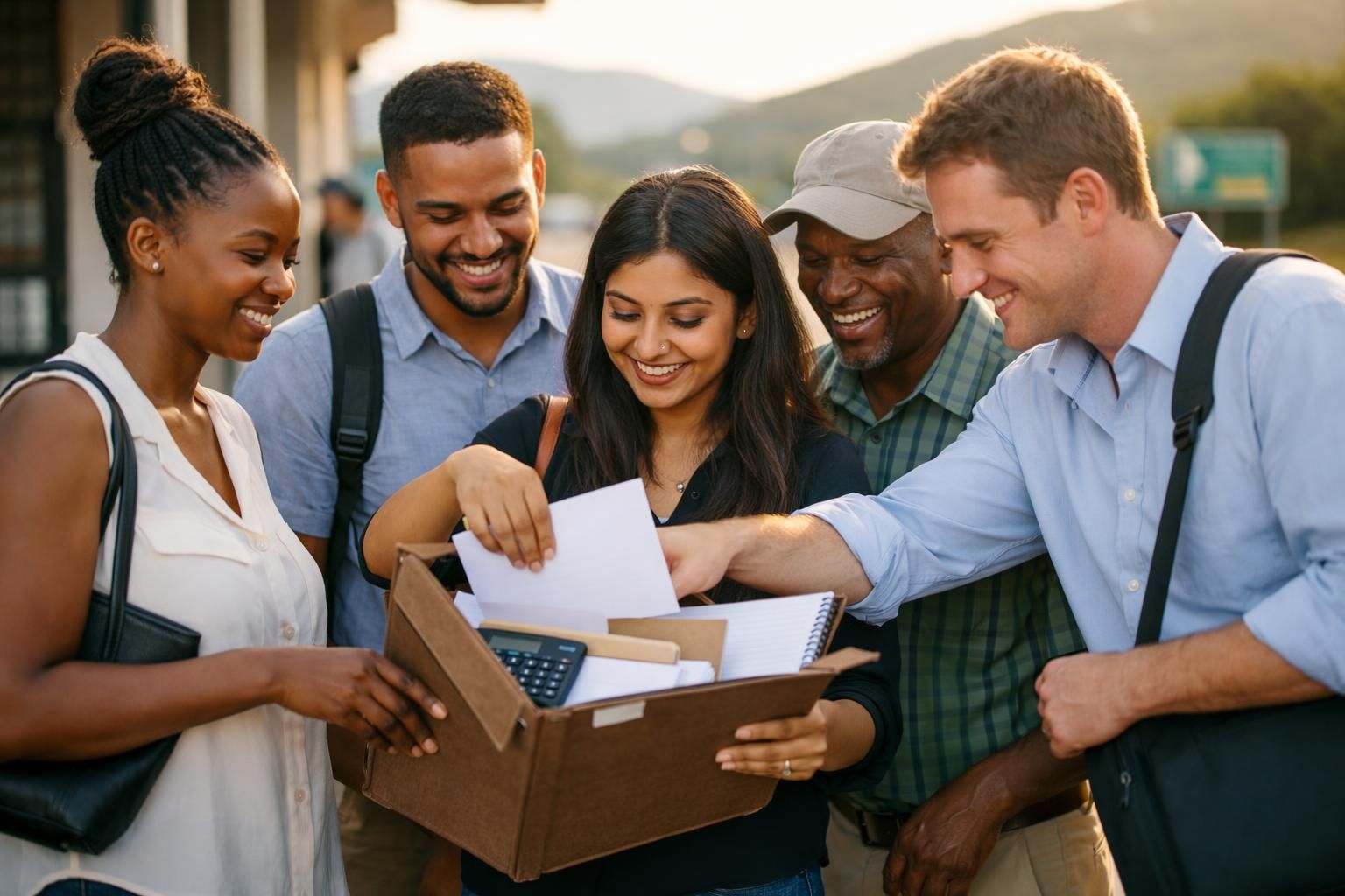 Mixed group of South African job seekers on a Mbombela/Nelspruit street outside a training centre, packing a folder with CV papers before an interview in late afternoon golden light.