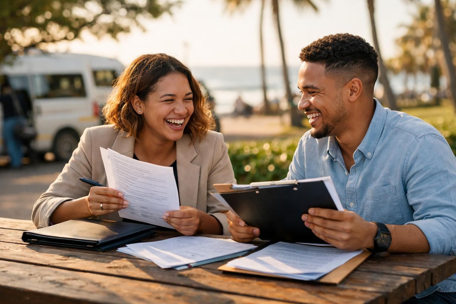 Two Coloured South African friends at the Durban beachfront promenade near a minibus taxi stop, laughing while comparing interview notes at a picnic bench in golden light.