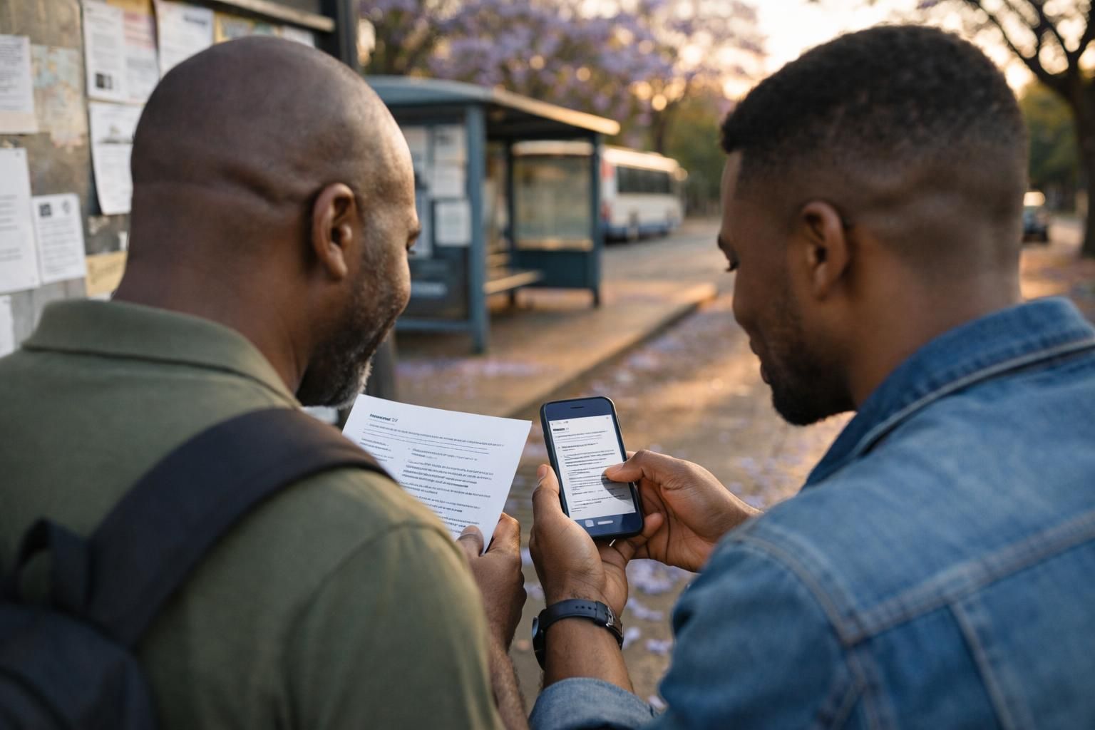 A Black South African father and a younger mentor review a CV on a phone with paper notes near a community centre noticeboard in Pretoria on a jacaranda-lined morning.