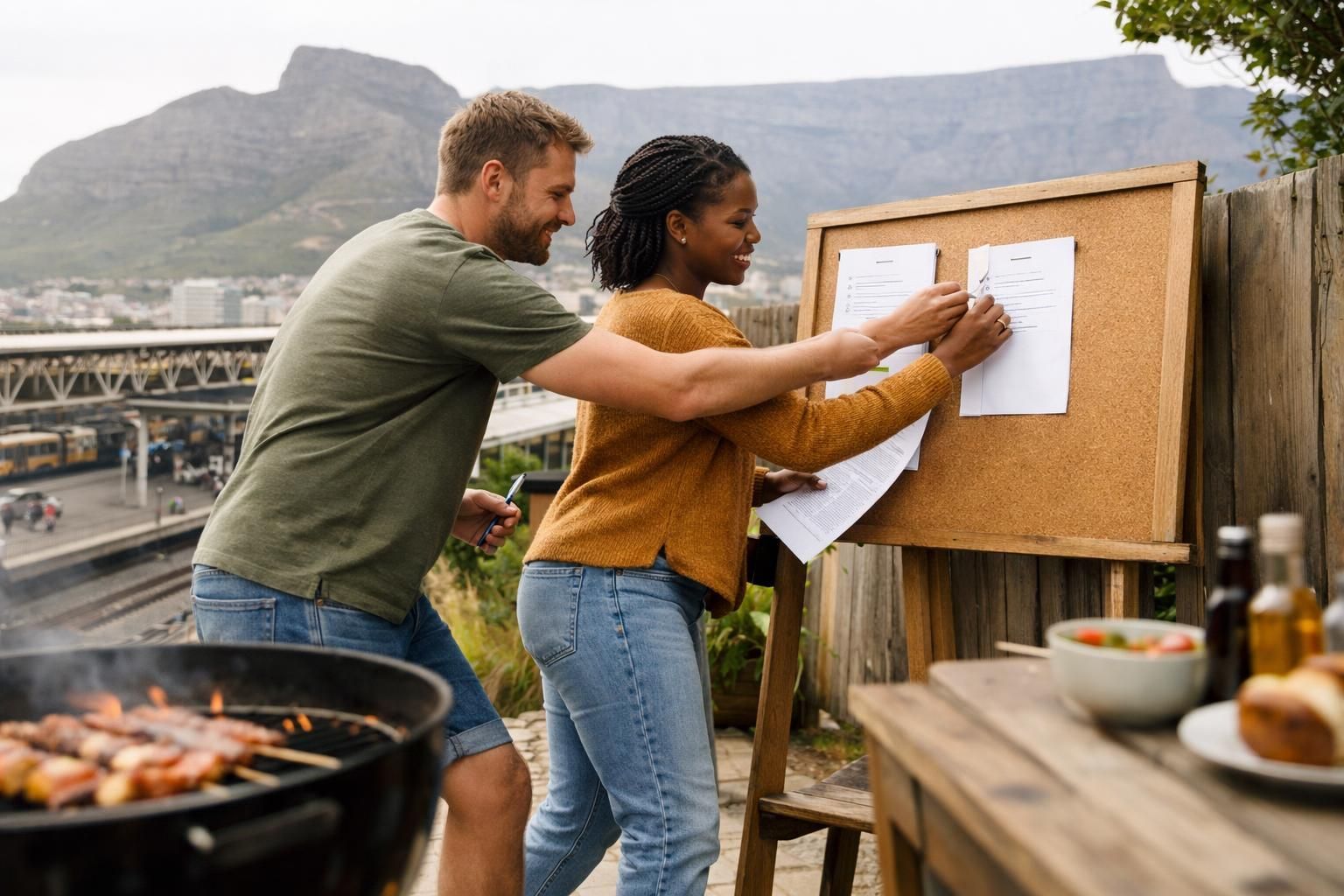 A white South African man and a Black South African woman pin a printed checklist beside a CV draft while sharing notes during a relaxed backyard braai prep, with Table Mountain visible near Cape Town train station on a bright overcast day.