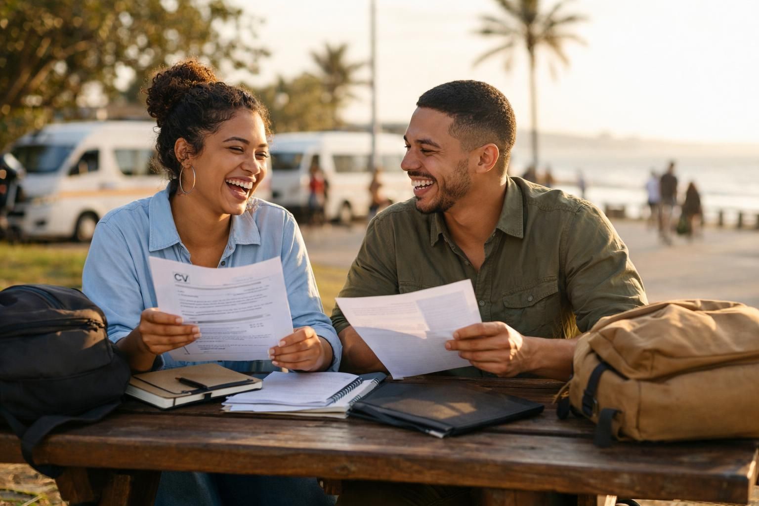 Two Coloured South African friends at the Durban beachfront promenade near a minibus taxi stop, laughing while comparing interview notes and a printed CV at a picnic bench in late afternoon golden light.