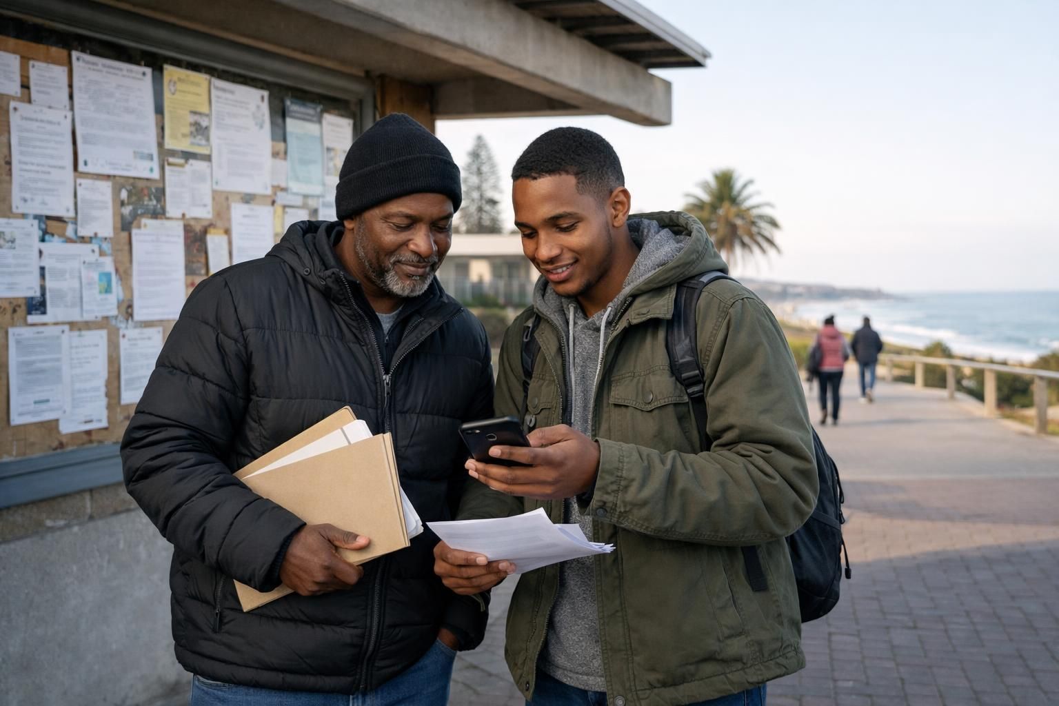 A father returning to studies and a younger mentor in Gqeberha review a caregiver CV on a phone and paper notes at a community noticeboard.