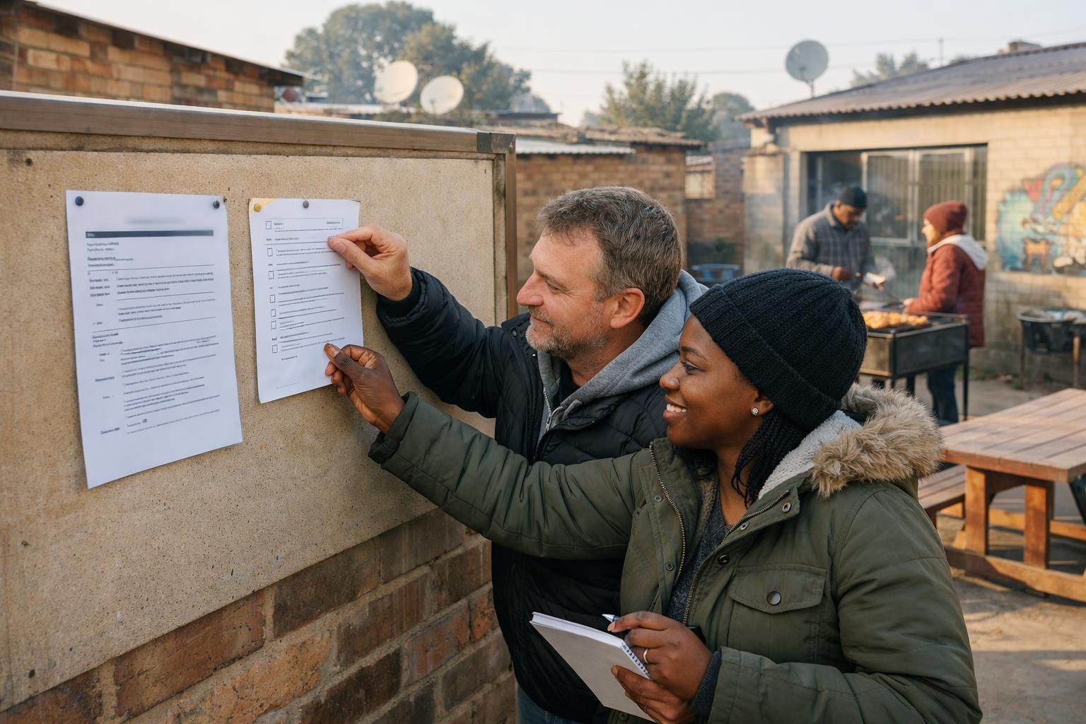 Wide candid photo in a Mamelodi community centre courtyard: a white South African man and a Black South African woman in winter jackets pin a checklist next to a CV draft during relaxed braai prep before interview week.