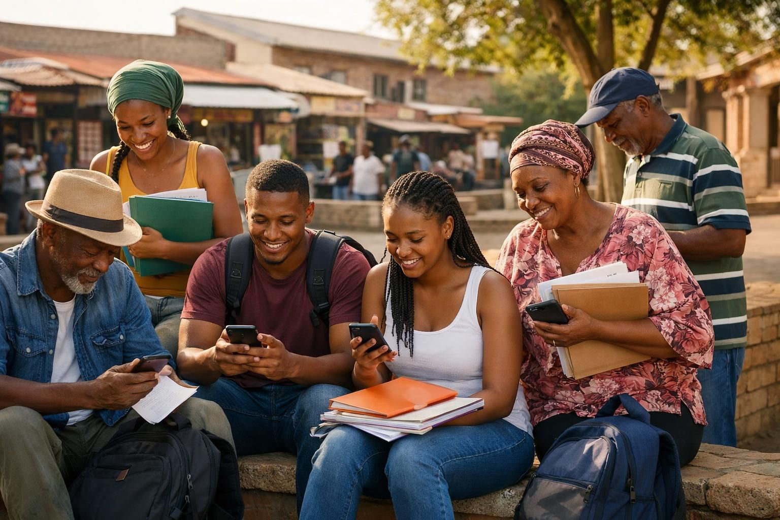 A multigenerational group of South African job seekers in a campus courtyard near a Soweto neighbourhood street, checking job alerts while commuting with backpacks and document folders in warm summer light.