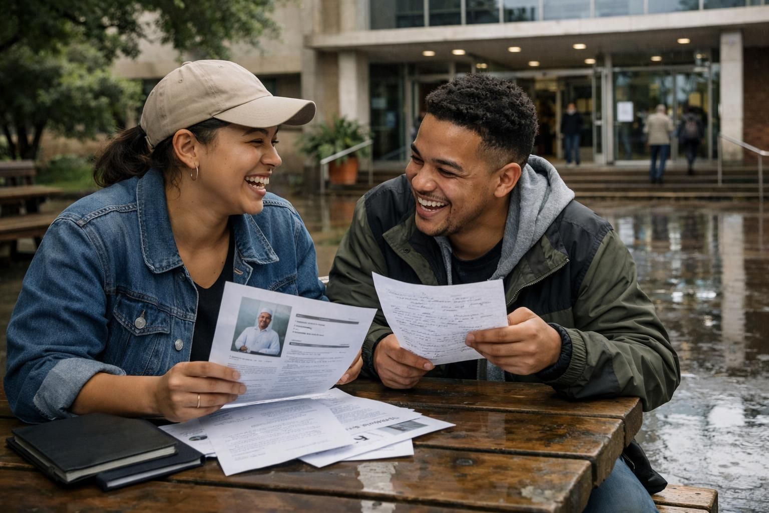 Two Coloured South African friends at the Bloemfontein public library entrance laughing while comparing interview notes and a printed CV pack after rain.