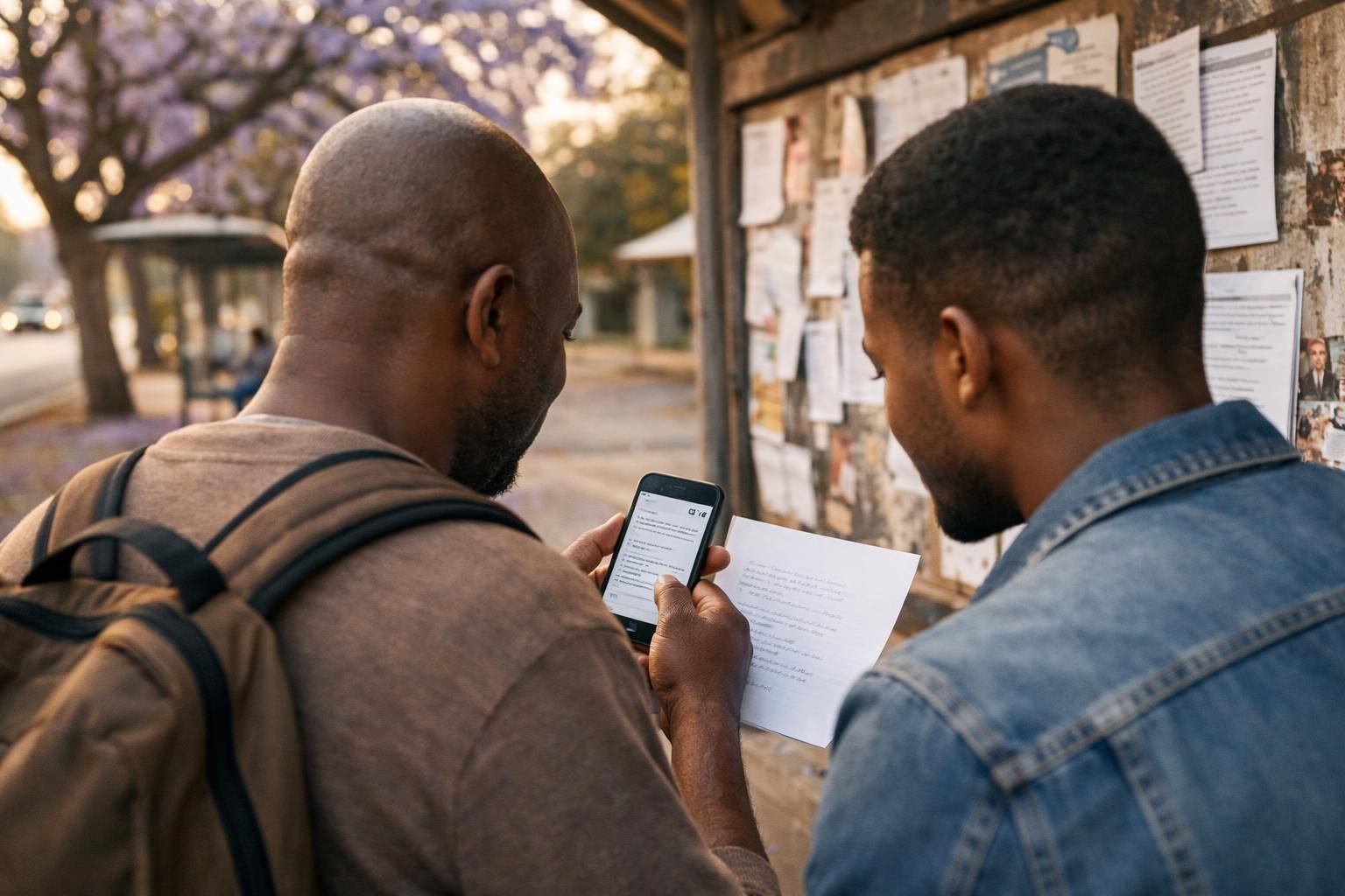 Over-the-shoulder candid photo in Pretoria/Tshwane near a jacaranda-lined bus stop: a father returning to studies and a younger mentor review a CV on a phone with paper notes at a community centre noticeboard in early morning light.