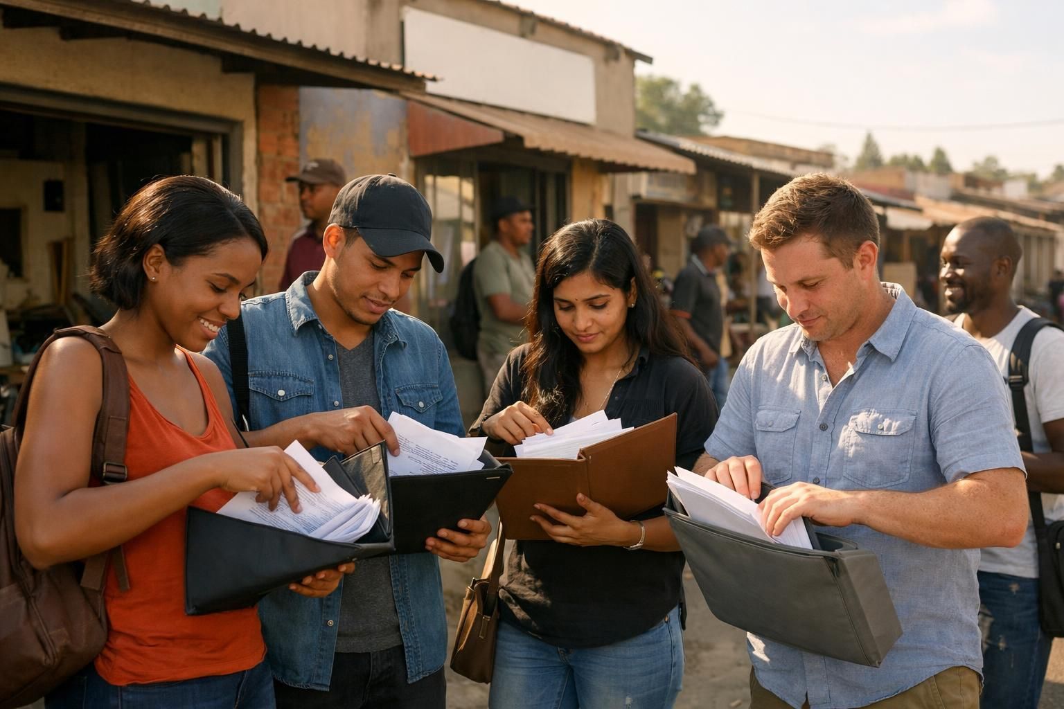 A mixed group of South African job seekers outside a training centre on a Soweto street, packing a folder of documents before heading to an interview in warm summer light.