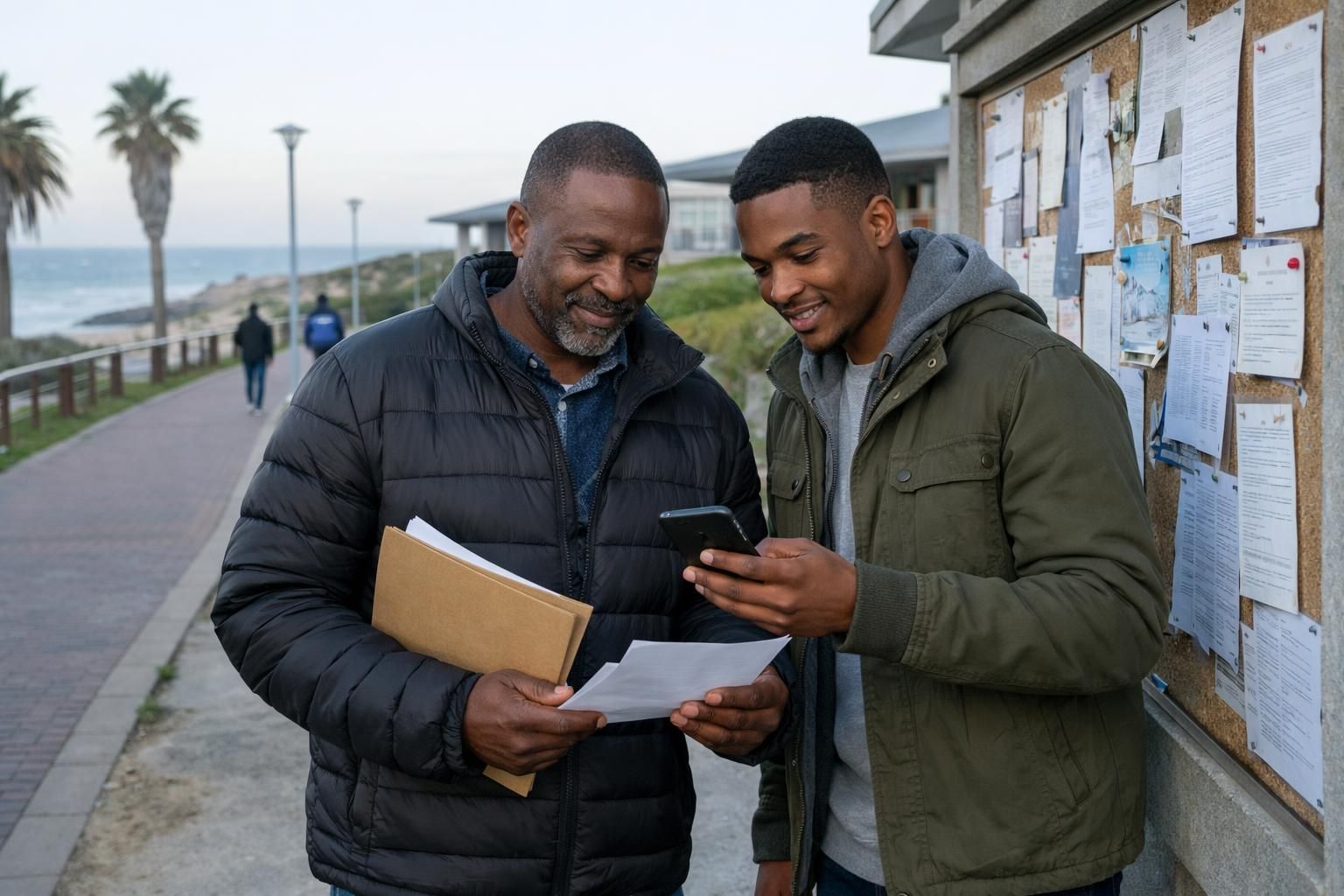 A Black South African father returning to studies and a younger mentor review a CV on a phone with paper notes at a community centre noticeboard in Gqeberha on a cool winter morning.