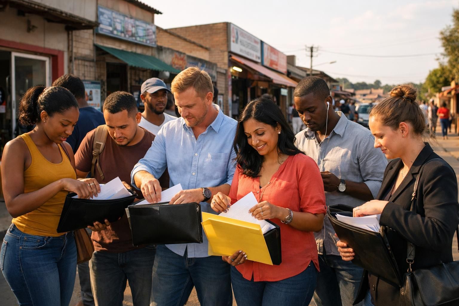 Job seekers outside a training centre on a Soweto street pack a folder of CV documents before leaving for an interview in warm summer light.
