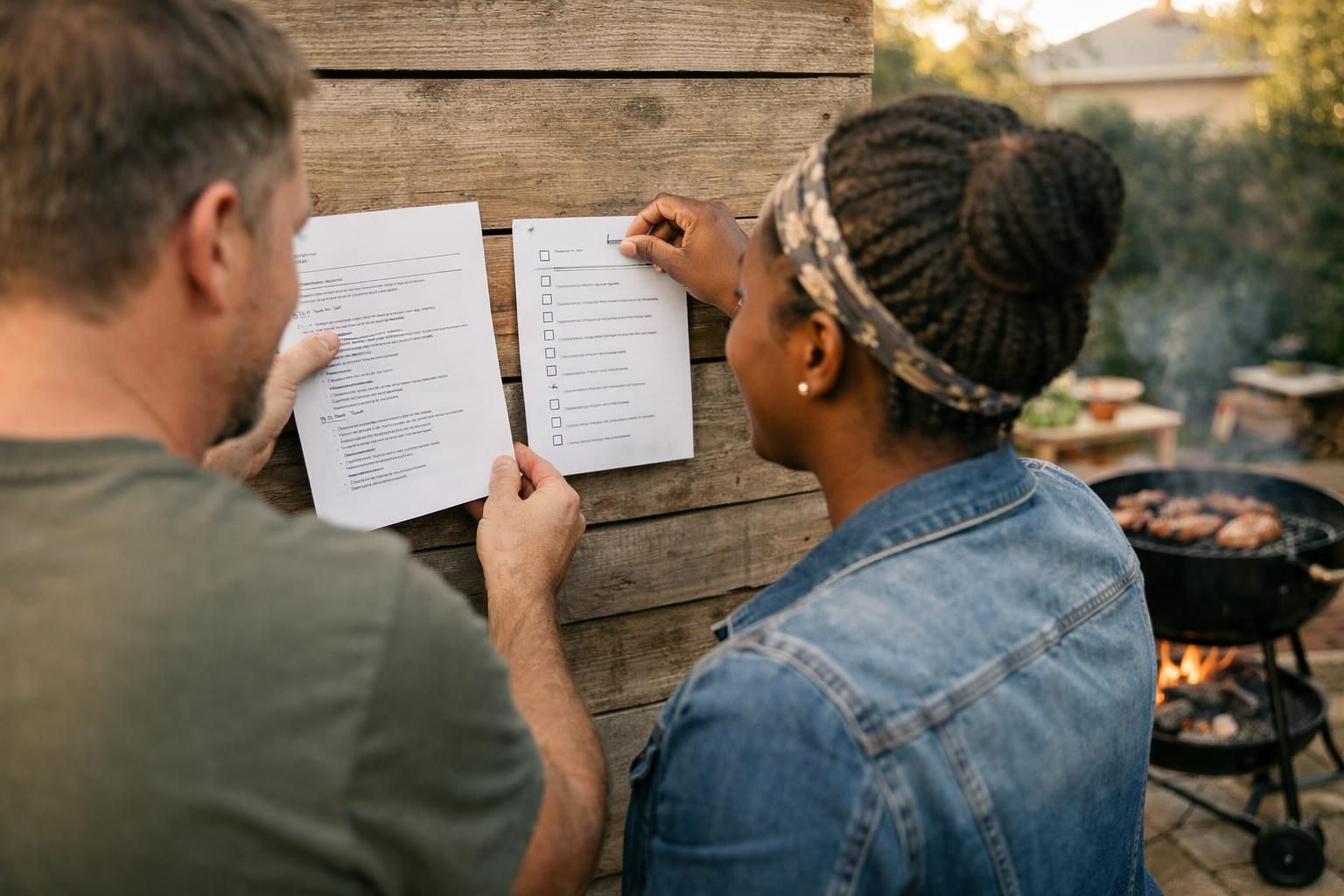Over-the-shoulder view of a white South African man and a Black South African woman in a backyard braai prep setting, pinning a checklist next to a CV draft in early morning light.