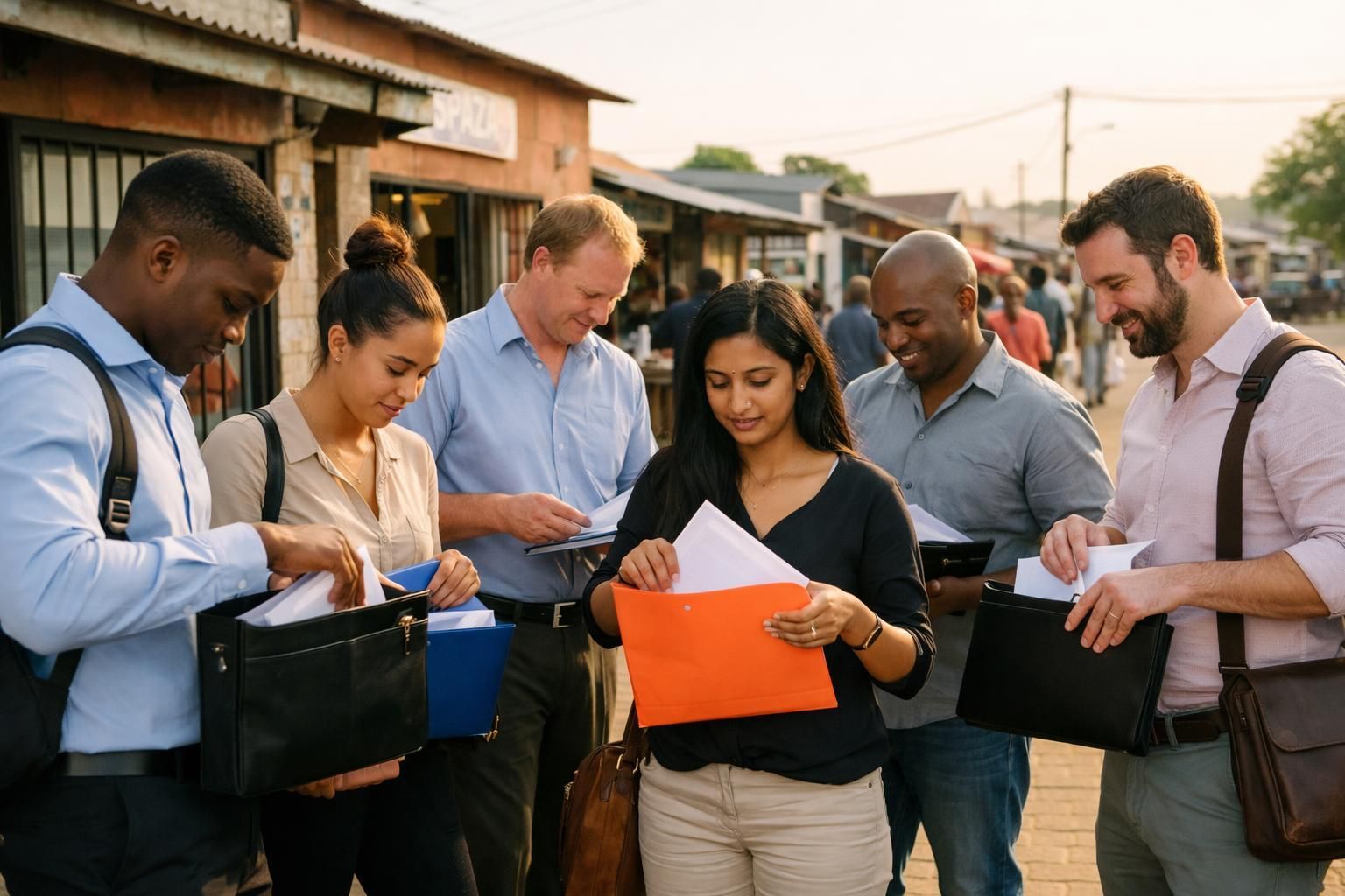 Job seekers outside a training centre on a Soweto street packing a folder of CV documents before an interview in warm summer light