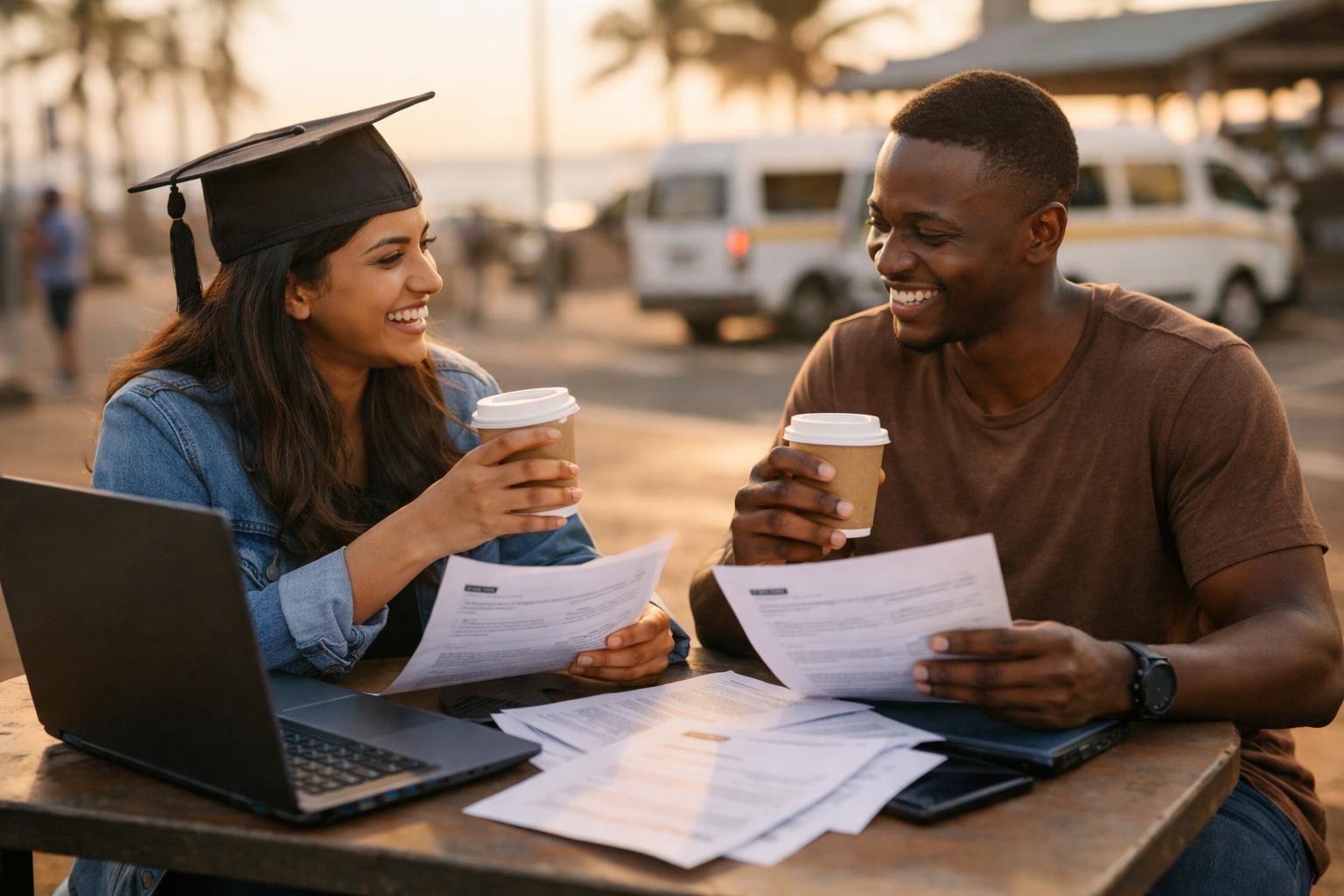 Two classmates take a relaxed coffee break at a modest workspace on Durban beachfront promenade near a minibus taxi stop, with laptops and printed CV drafts in late afternoon golden light.