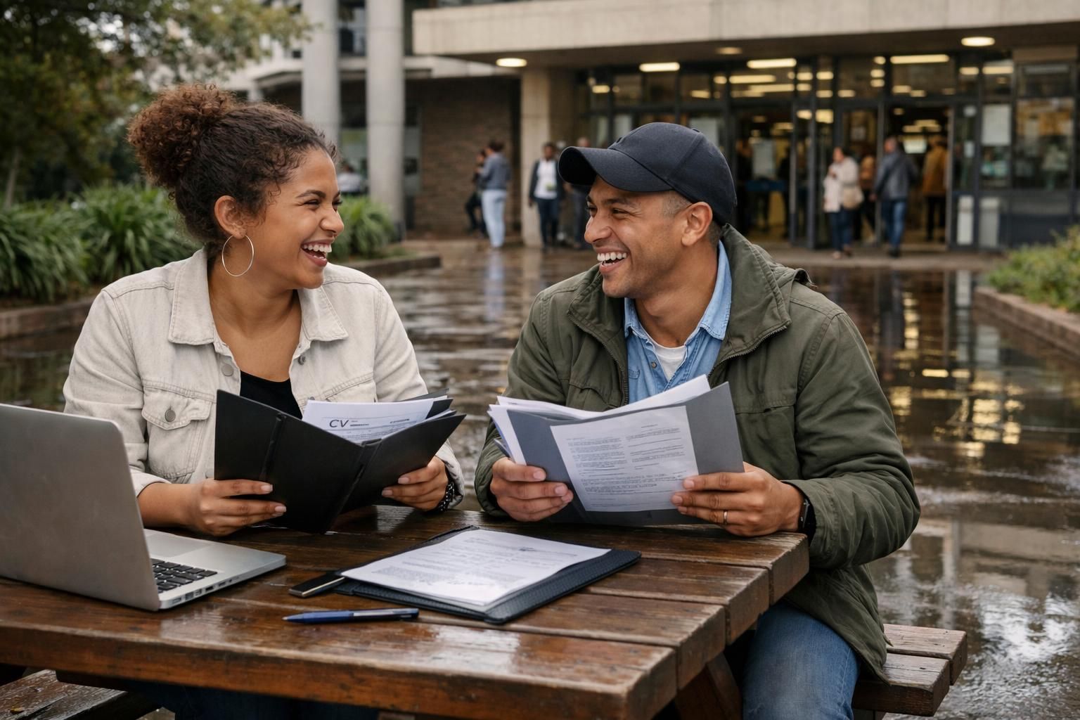 Two Coloured South African friends laugh while comparing interview notes and CV pages at a nature-adjacent picnic bench outside the Bloemfontein public library entrance after rain.