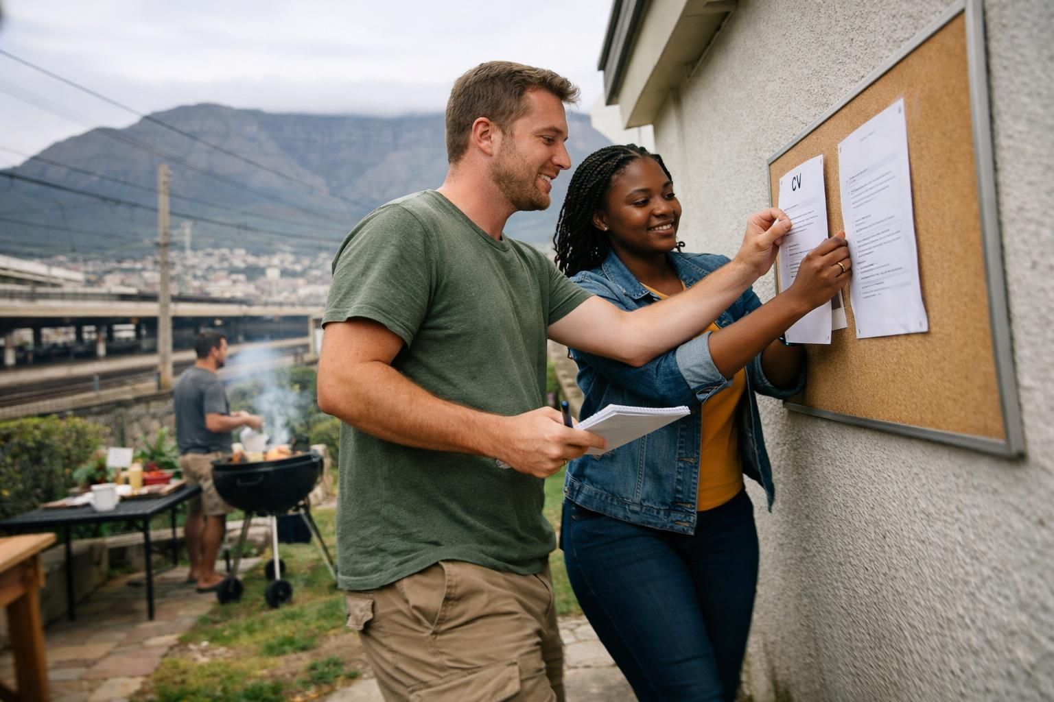 A white South African man and a Black South African woman pin a printed checklist beside a CV draft while sharing notes at a relaxed backyard braai scene, with Table Mountain in the distance on a bright overcast day.