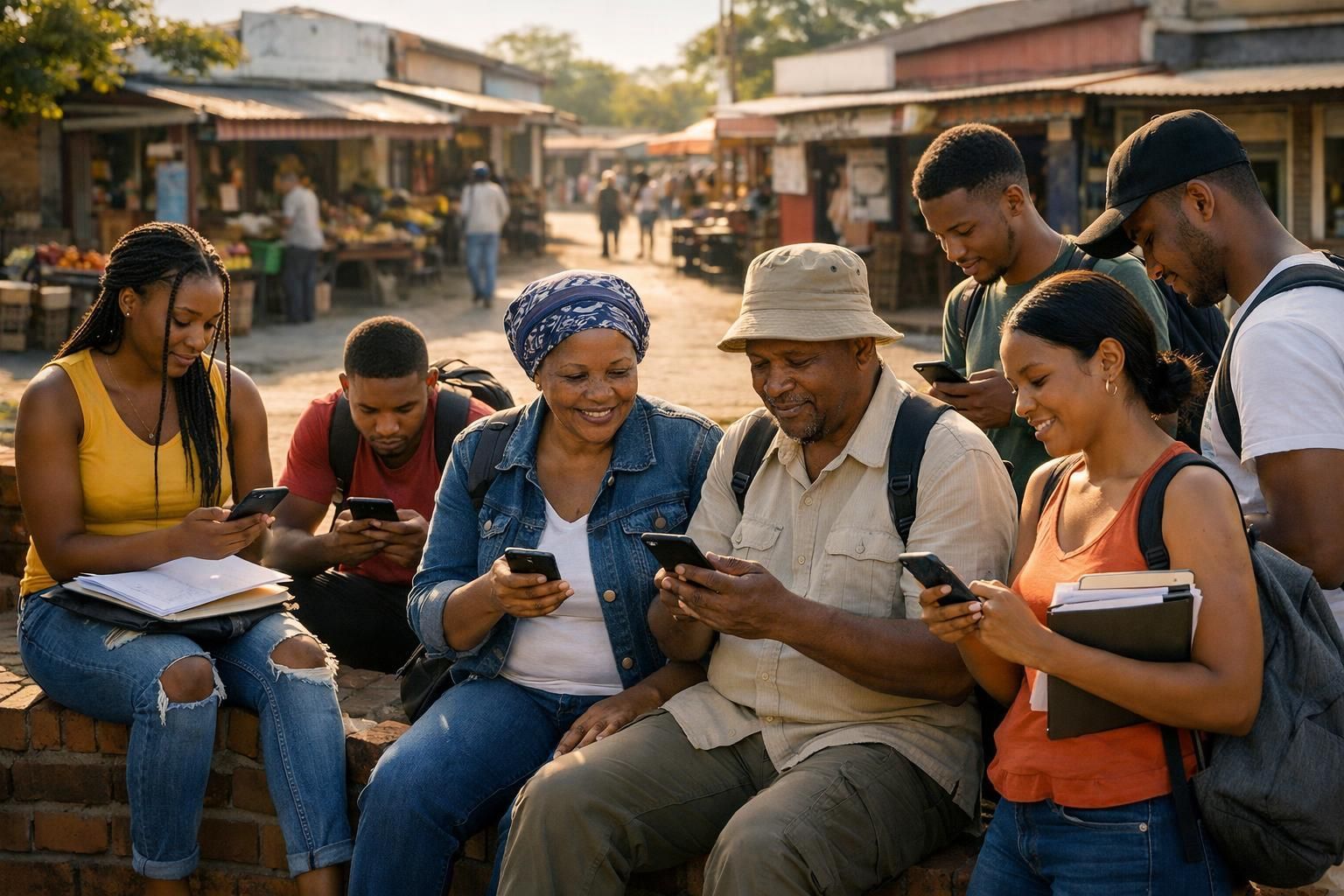 Multigenerational South African job seekers in a campus courtyard near Soweto shops, checking job alerts on their phones while commuting in warm summer light.