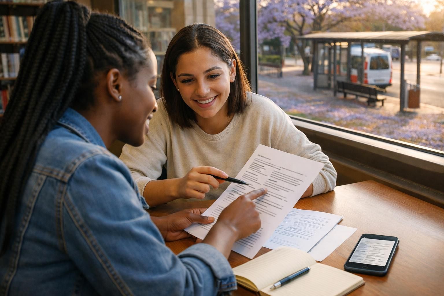 Over-the-shoulder photo of two friends at a public library in Pretoria helping each other choose skills to add to a CV in warm early morning light.