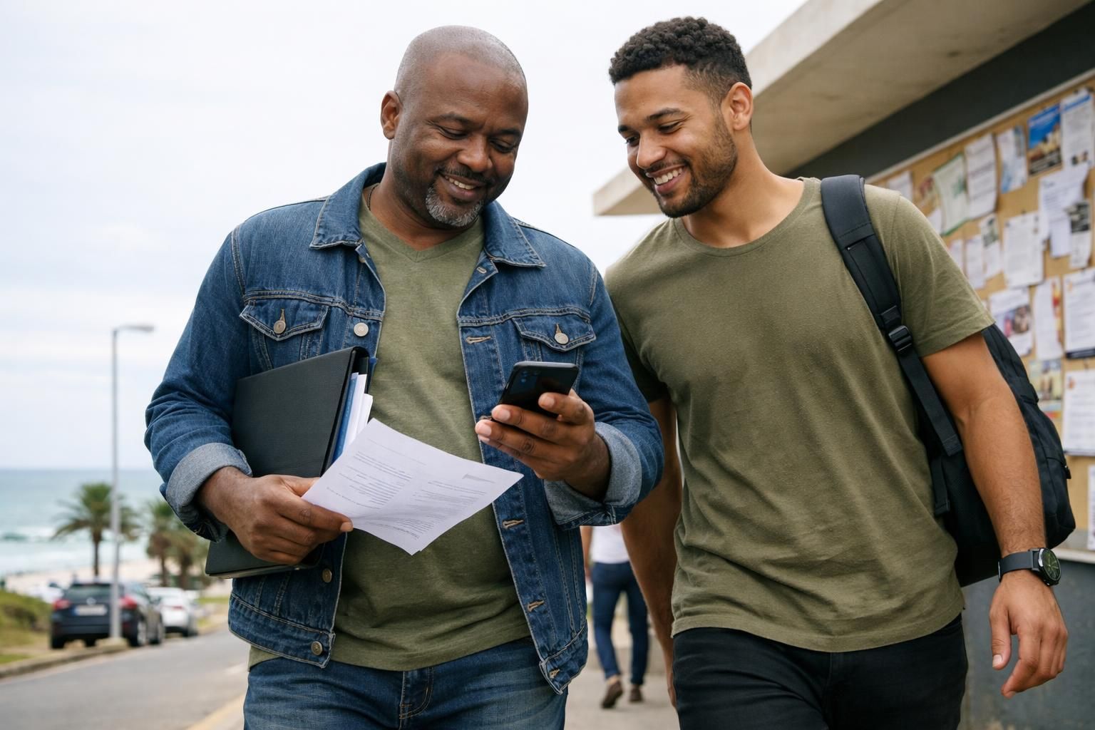 A Black South African father returning to studies walks with a younger mentor along the East London seaside road near a community workspace, reviewing a CV on a phone and paper notes by a community centre noticeboard area on a bright overcast day.