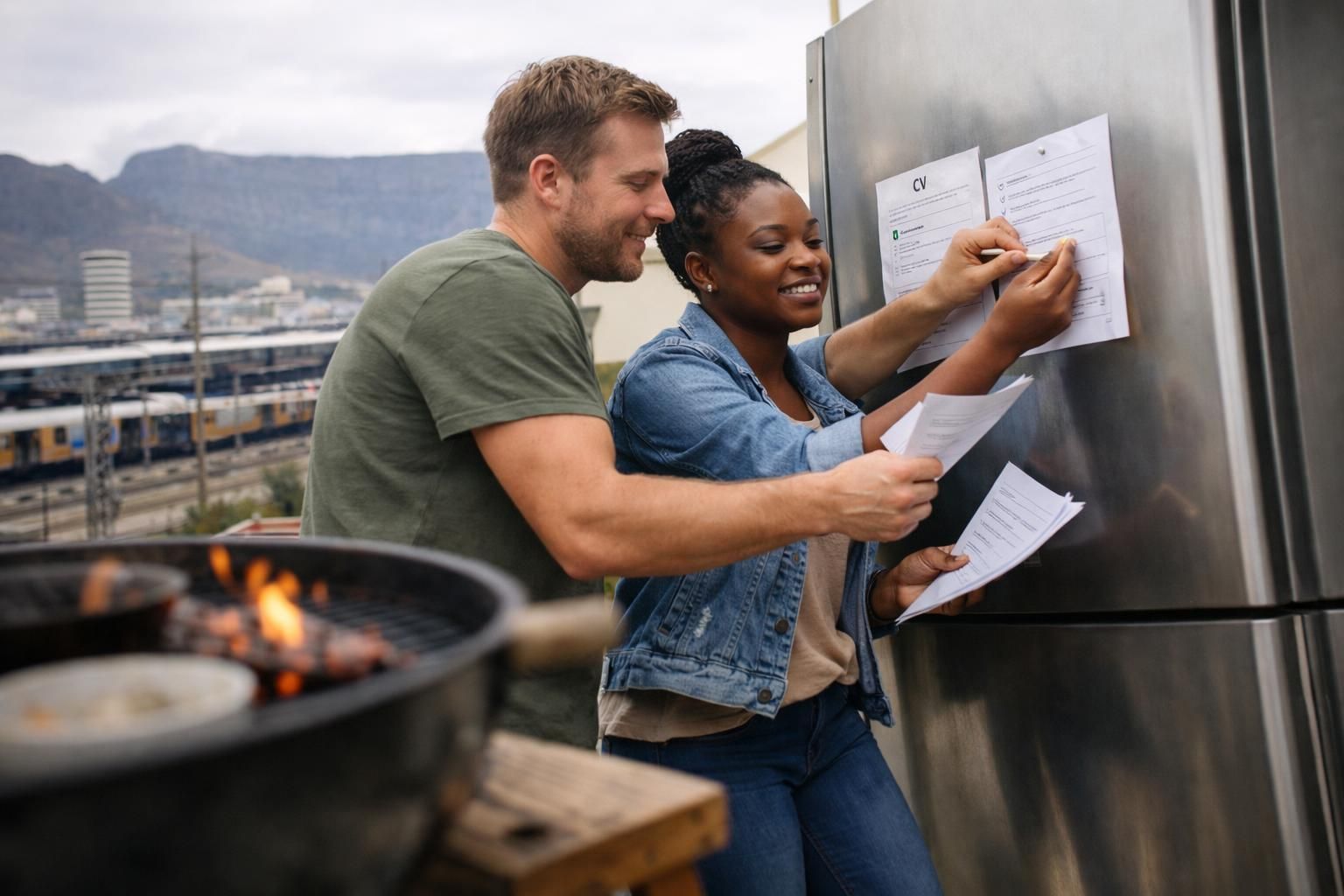 A white South African man and a Black South African woman pin a printed checklist beside a CV draft during backyard braai prep, with Table Mountain in the distance.