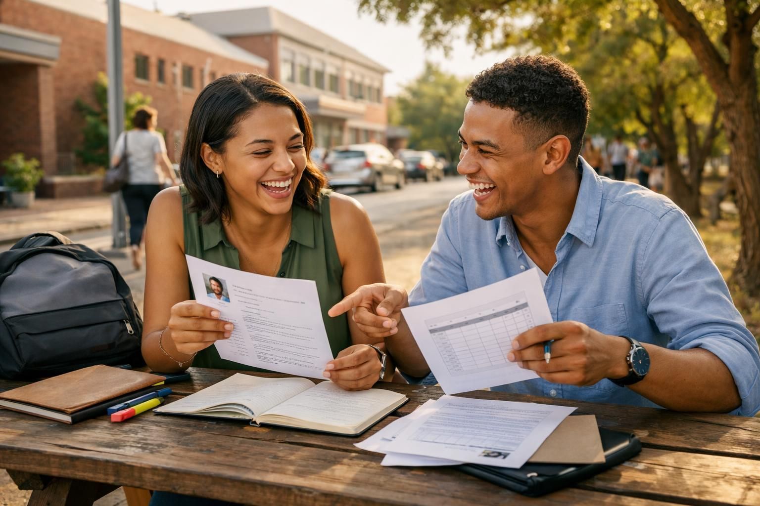 Two Coloured South African friends in Kimberley near a training college laugh while comparing interview notes at a picnic bench in warm summer light.