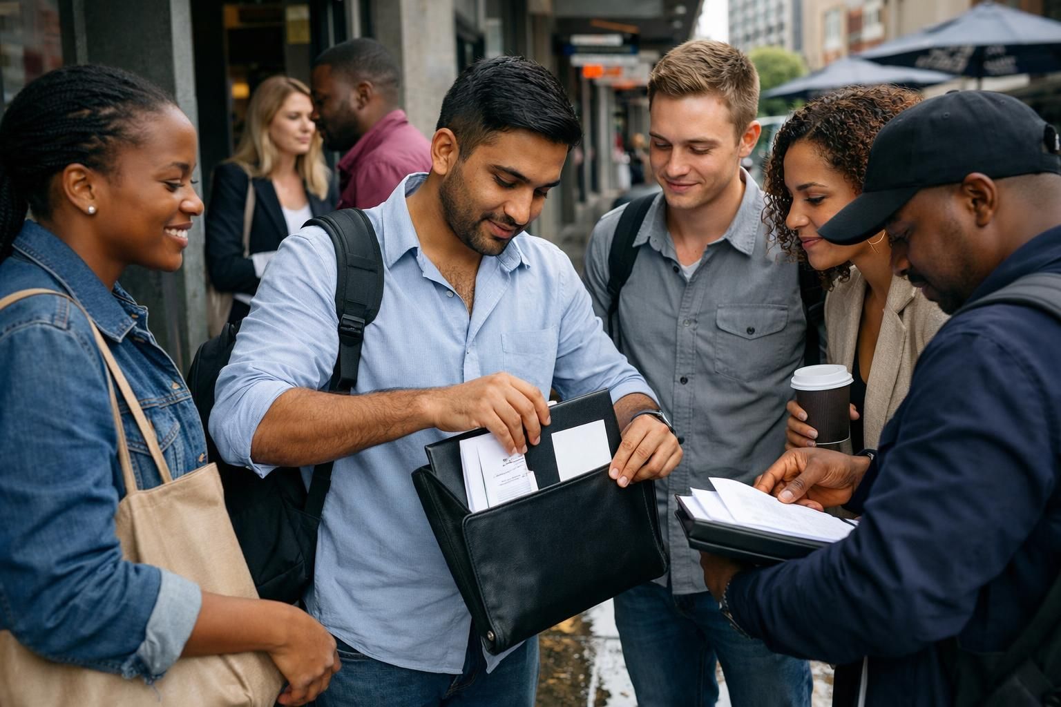 Johannesburg Braamfontein street corner after rain, mixed group of South African job seekers outside a training centre packing a folder with CV papers before an interview.