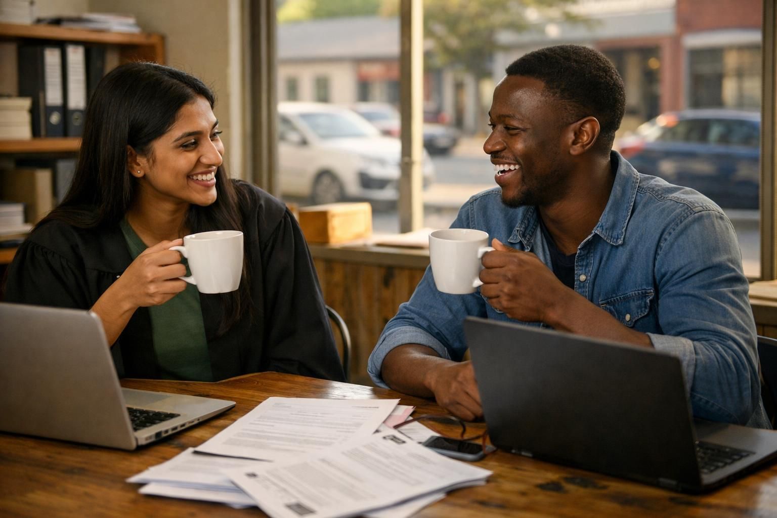An Indian South African graduate and a Black South African classmate take a short coffee break after studying in a modest local workspace with laptops and printed CV drafts on a Kimberley town street near a training college, in warm summer weekend light.