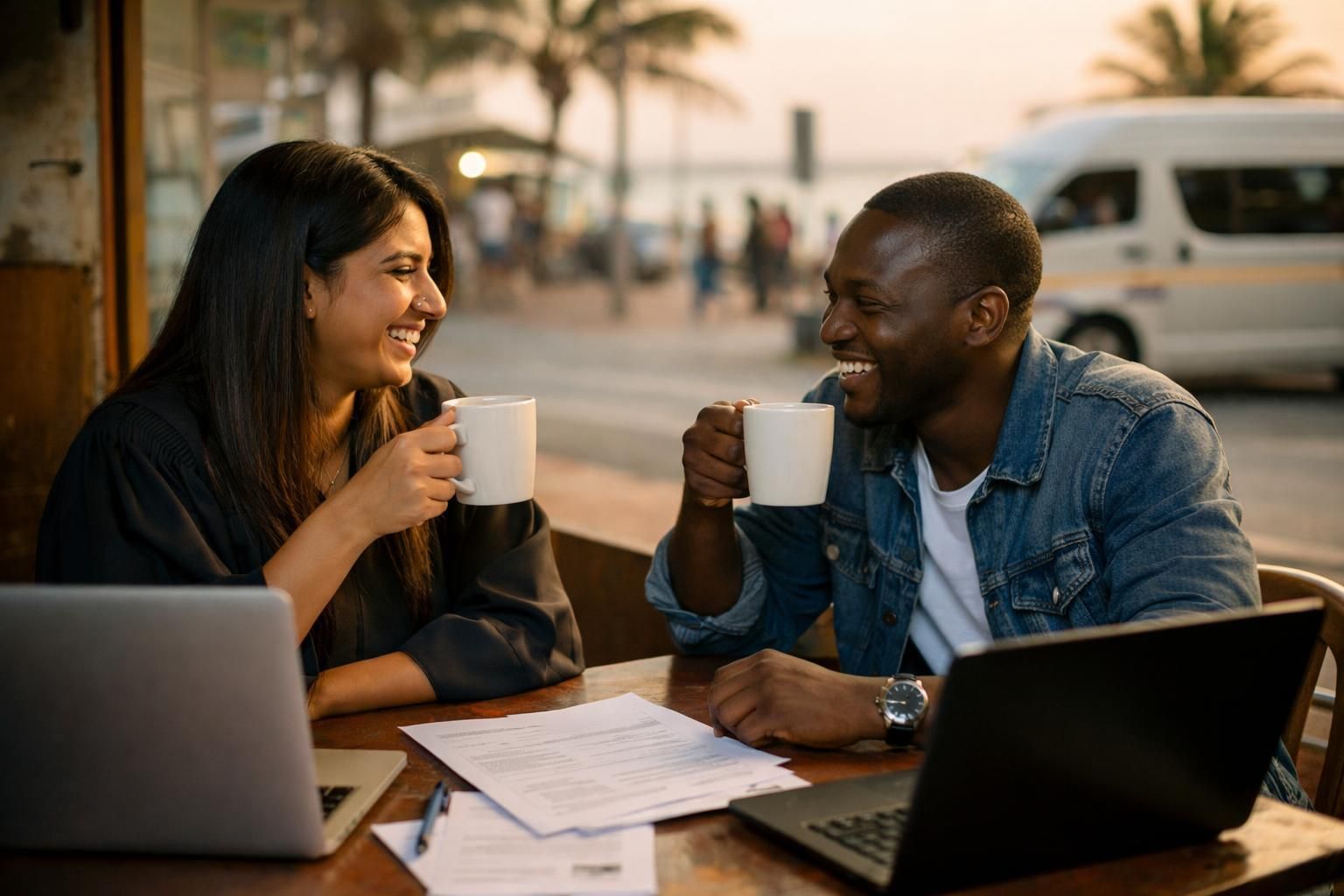 An Indian South African graduate and a Black South African classmate taking a coffee break with laptops and printed CV drafts in a modest workspace near Durban beachfront promenade by a minibus taxi stop in late afternoon light.