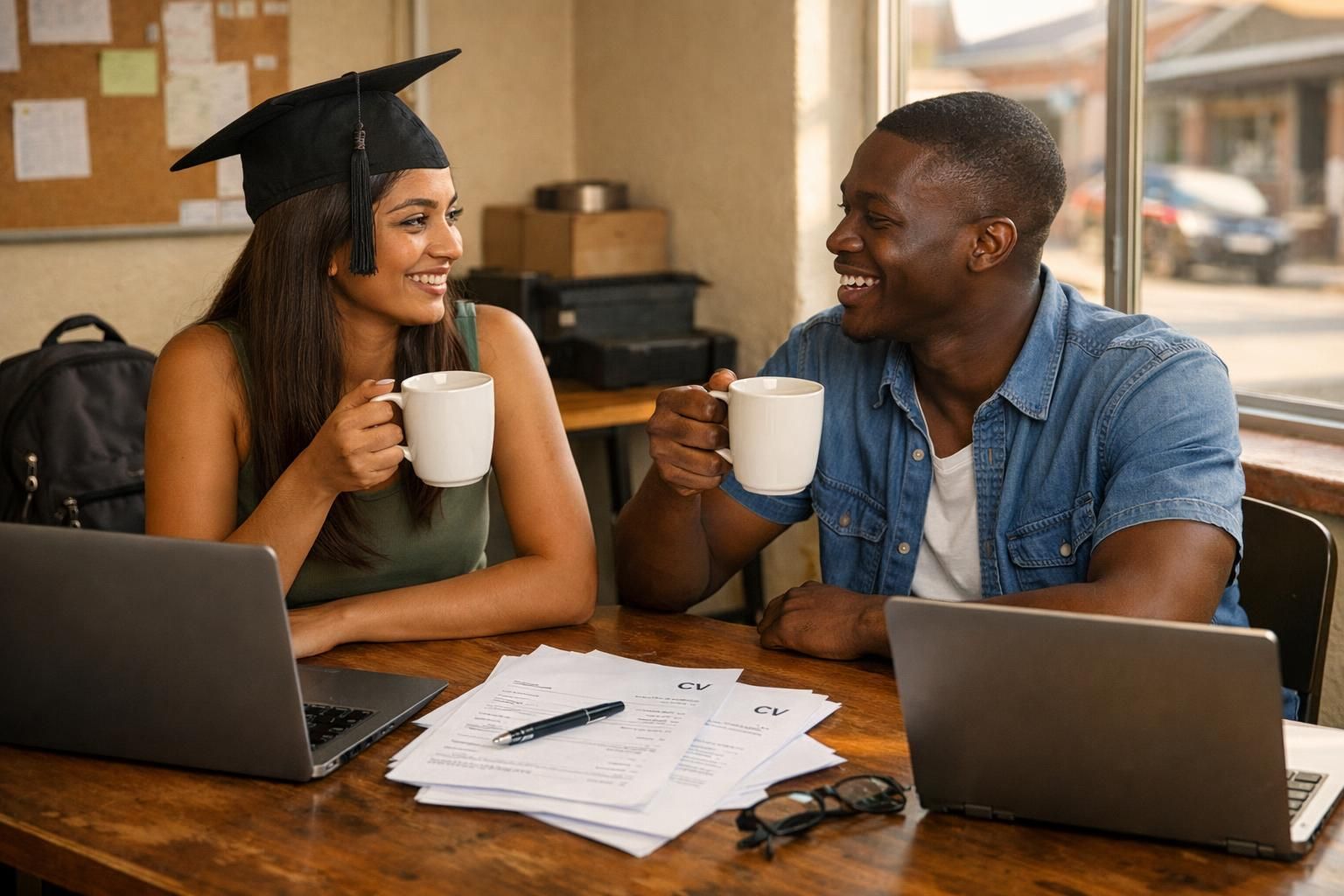 Two South African graduates in Kimberley taking a coffee break with laptops and printed CV drafts in a modest local workspace.