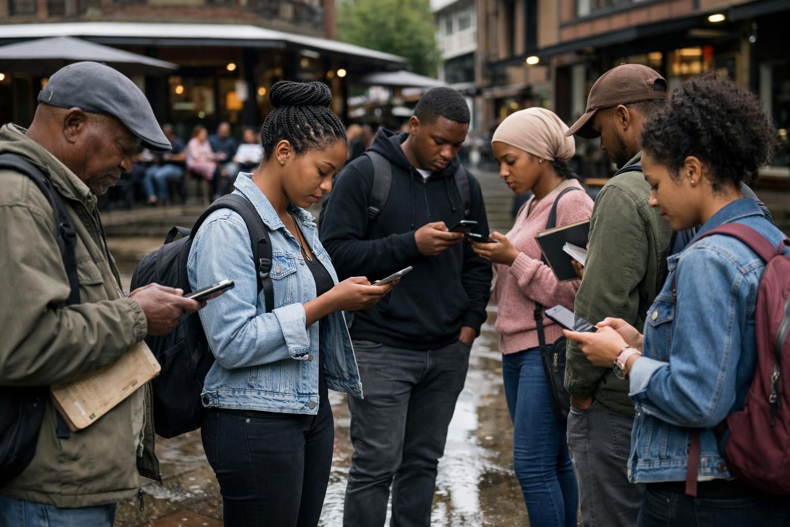 A multigenerational group of South African job seekers in a Braamfontein campus courtyard with backpacks and notebooks, checking job alerts on their phones after rain with pavement reflections.