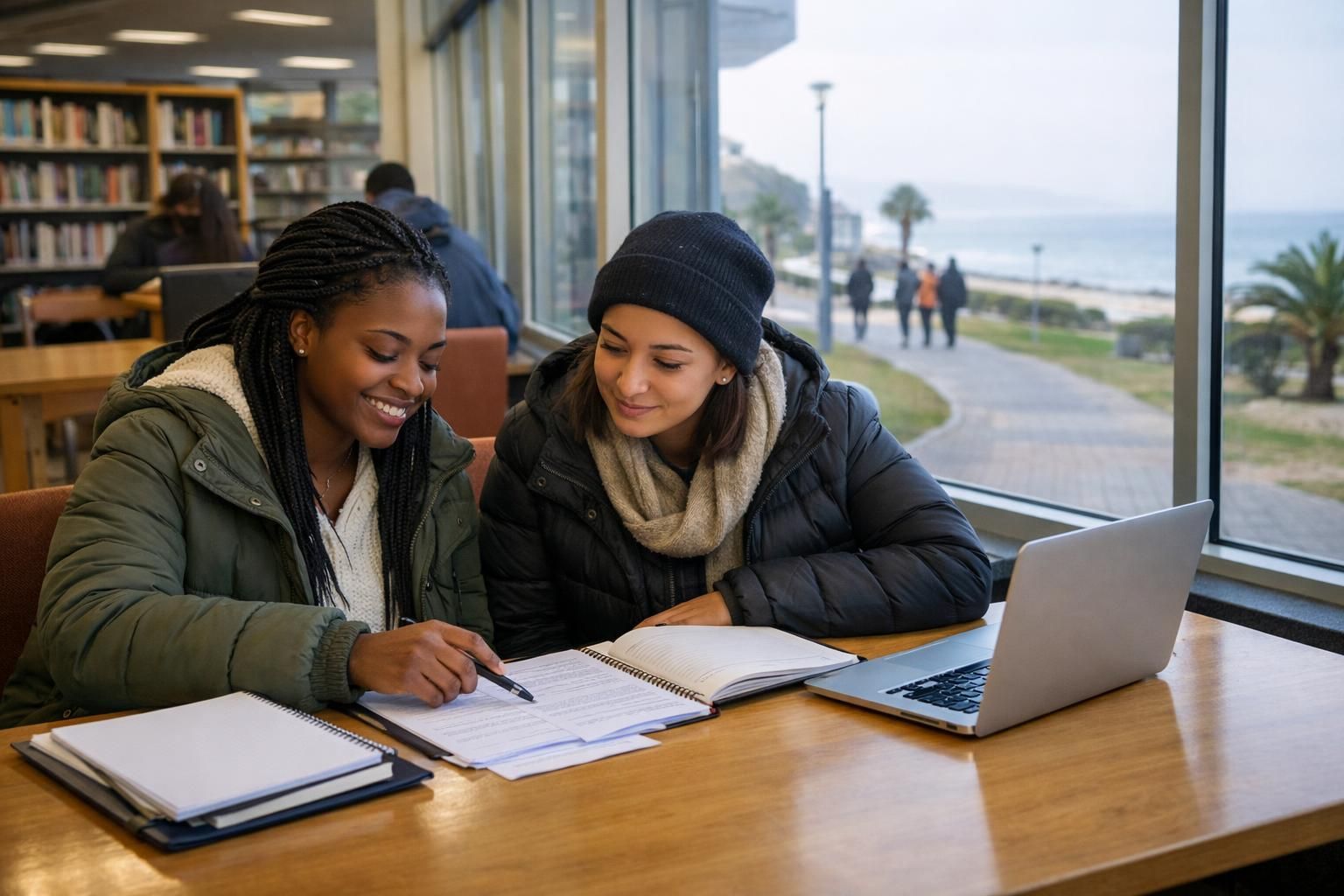 Two friends in jackets at a public library study table in Gqeberha, helping each other choose skills to add to a CV on a cool winter morning.