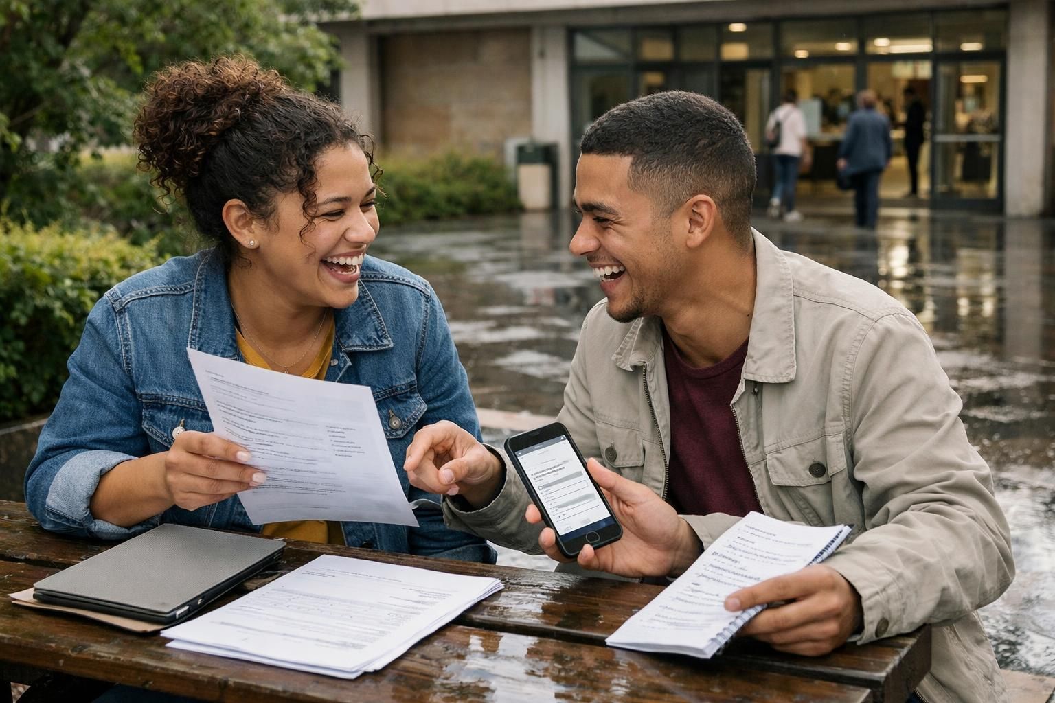 Two Coloured South African friends at the Bloemfontein public library entrance laughing while comparing interview notes and a CV at an outdoor picnic bench after rain.