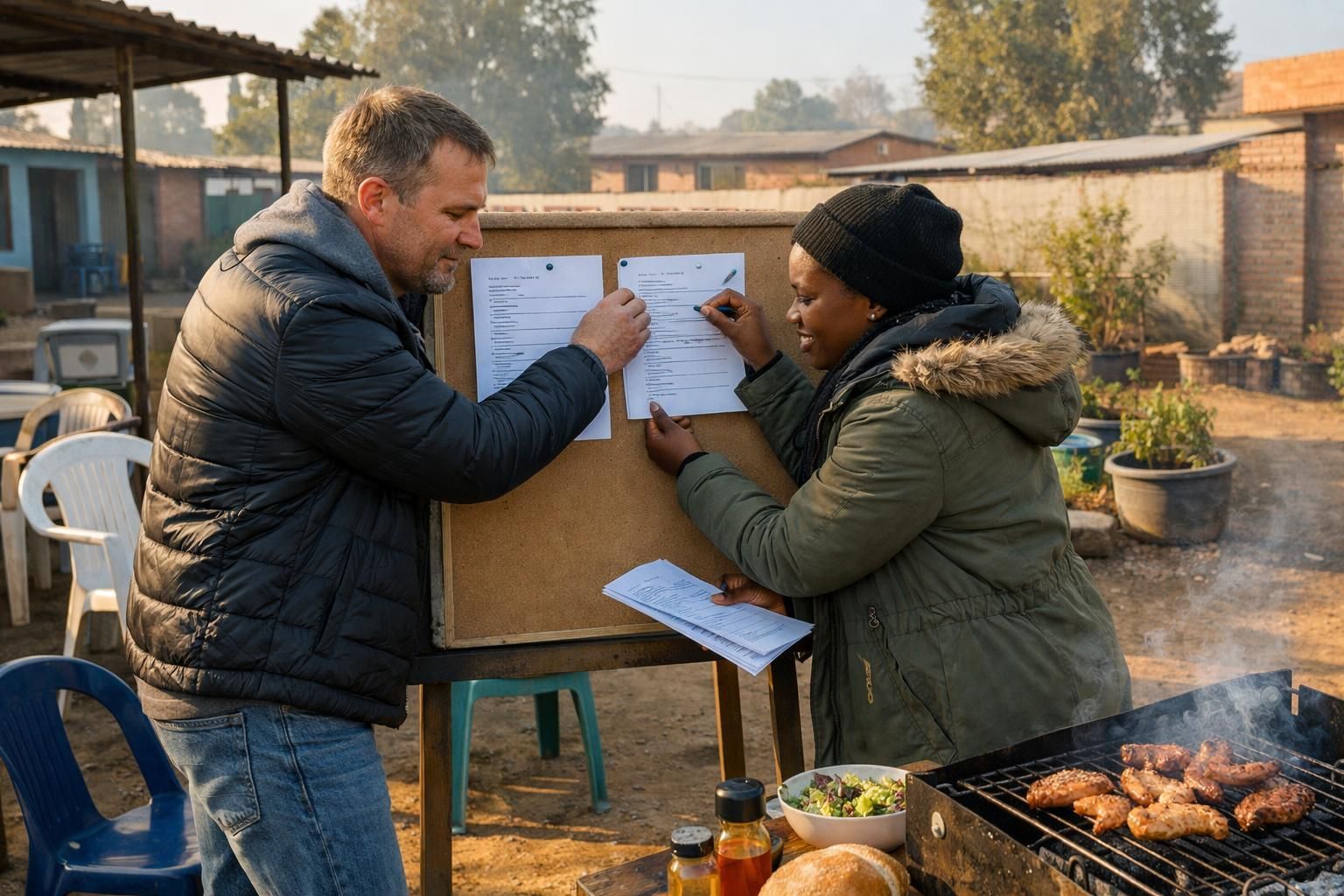 A white South African man and a Black South African woman pin a printed checklist next to a CV draft in a Mamelodi community centre courtyard on a cool winter morning.