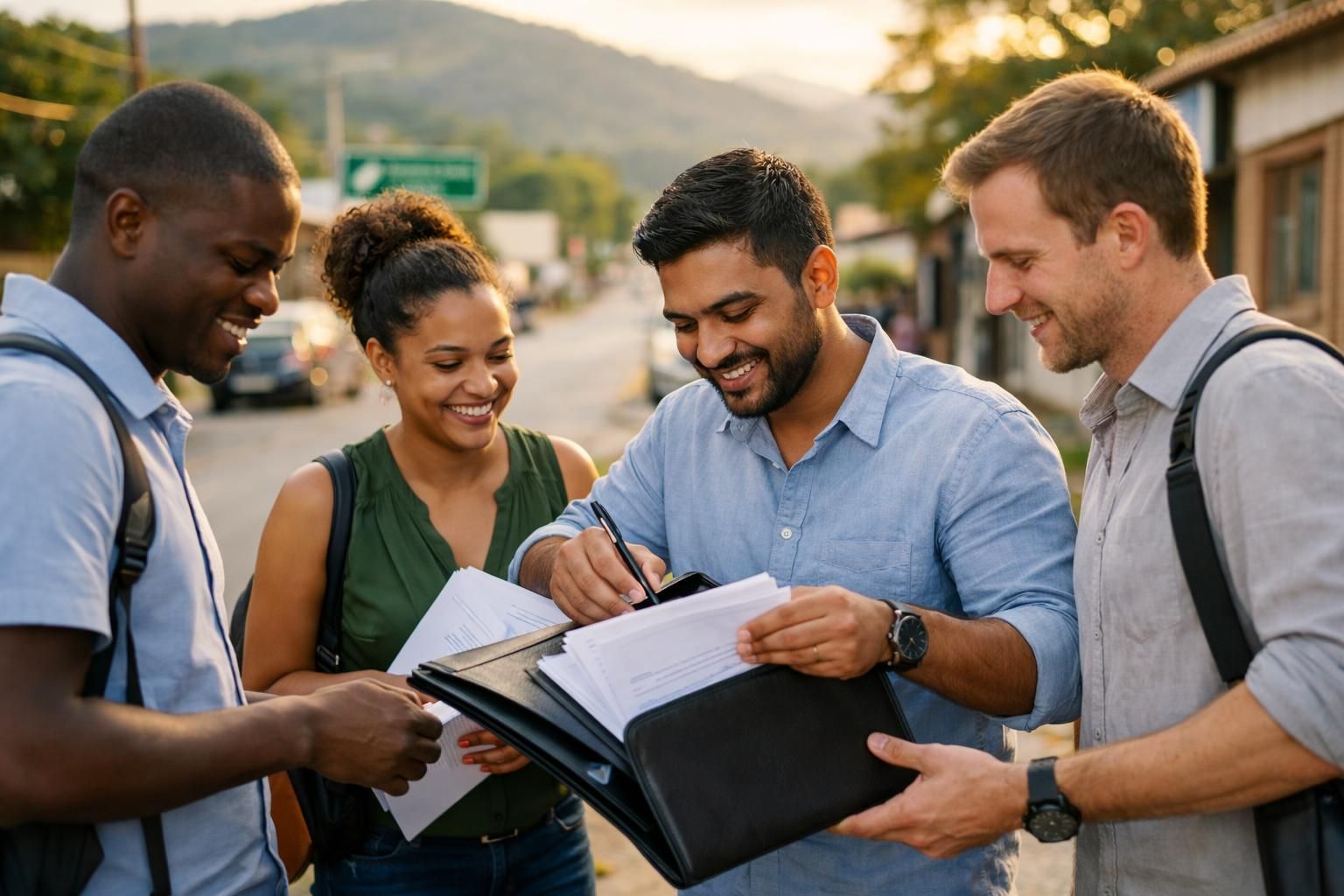 A mixed group of South African job seekers on a Mbombela/Nelspruit street outside a training centre, relaxed and packing a folder of documents before heading to an interview in late afternoon golden light.