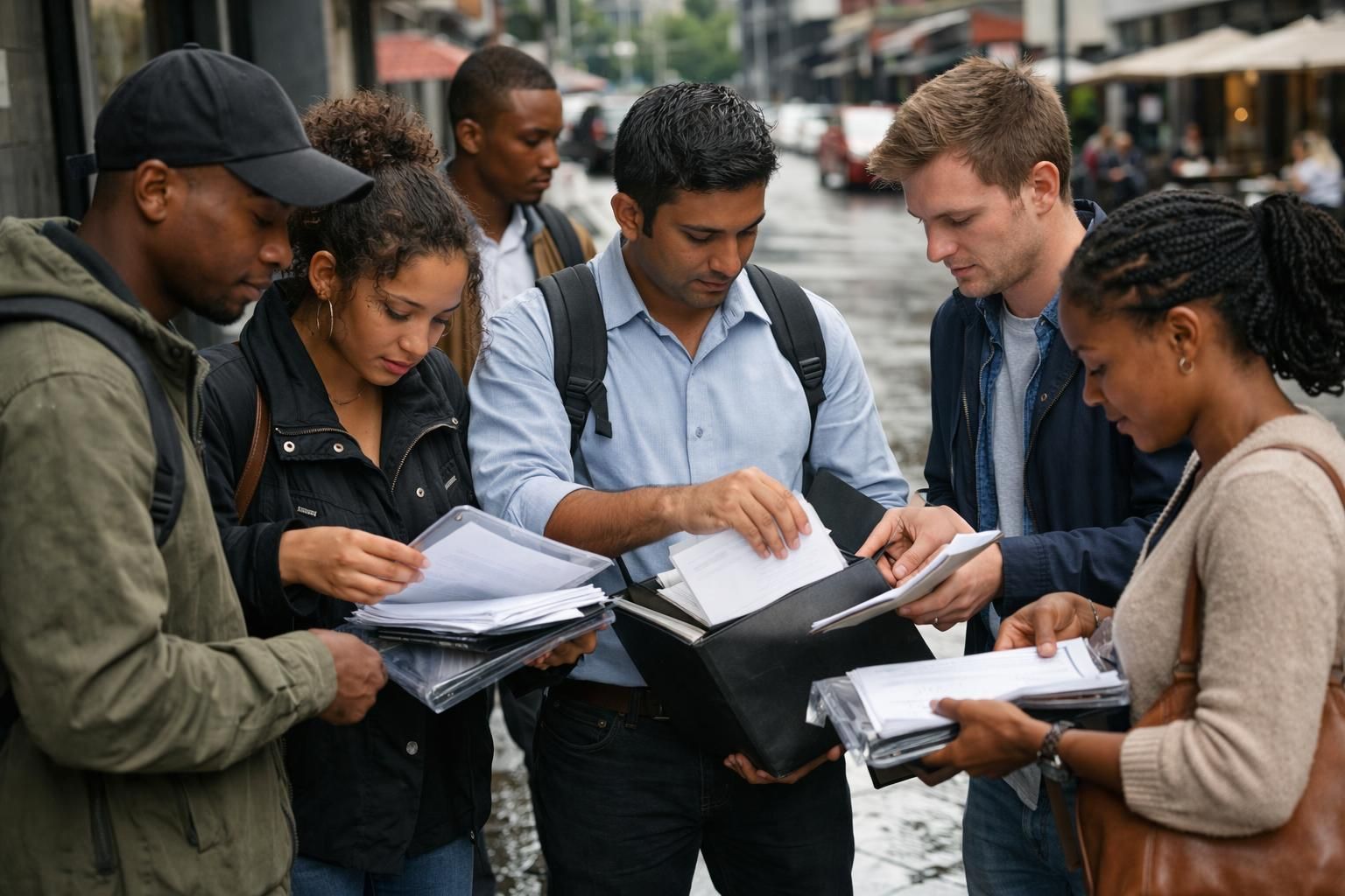 Johannesburg Braamfontein street corner after rain: a diverse group outside a training centre packs a folder of CV documents before heading to an interview.