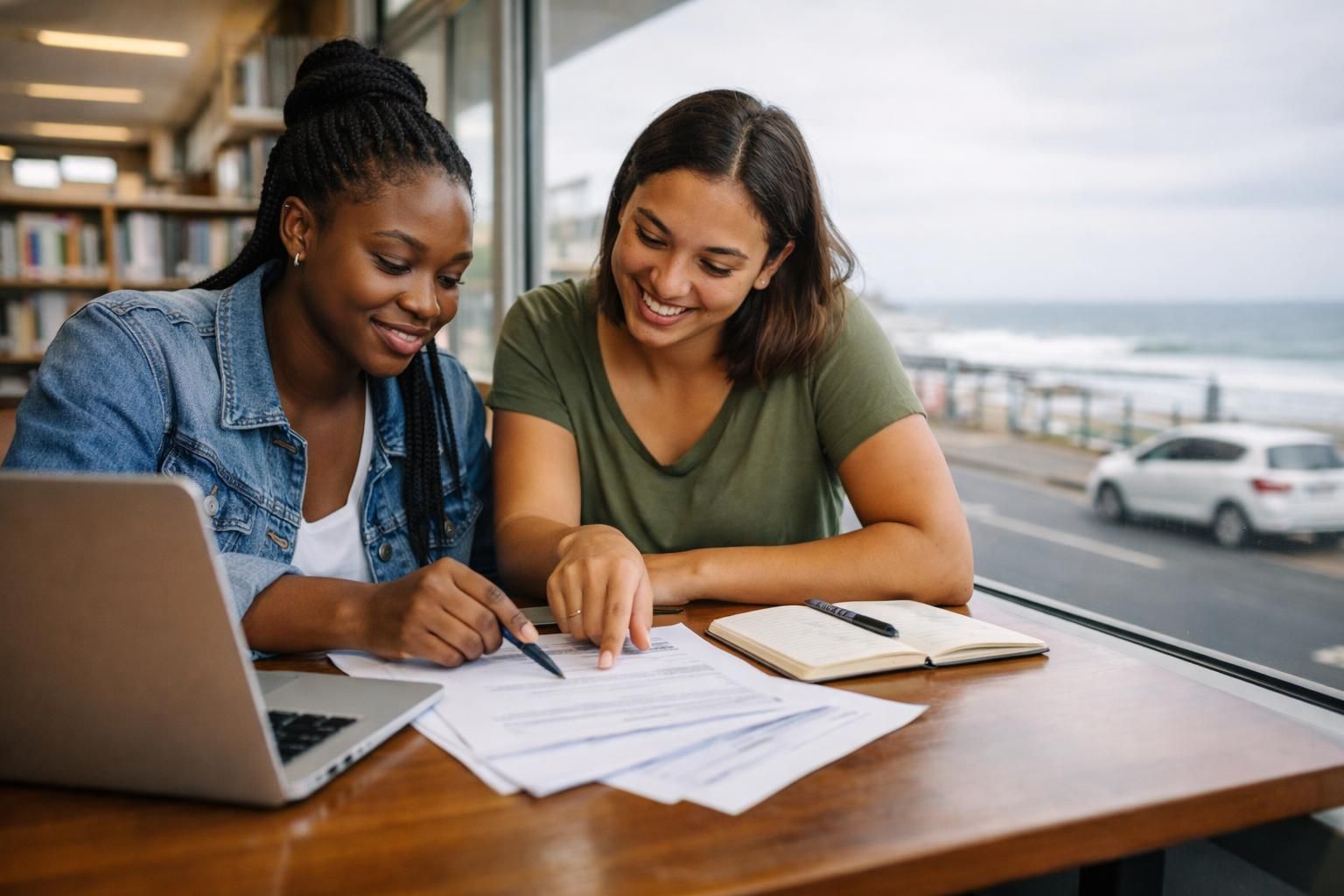 Two friends in their twenties at a public library study table in East London near the seaside road, helping each other choose skills to add to a CV on a bright overcast day.