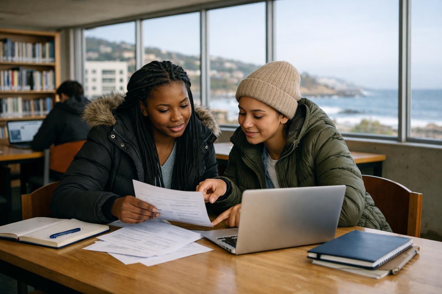 A Black South African woman in her twenties and her Coloured friend in a Gqeberha public library, helping each other choose skills to add to a CV on a winter morning