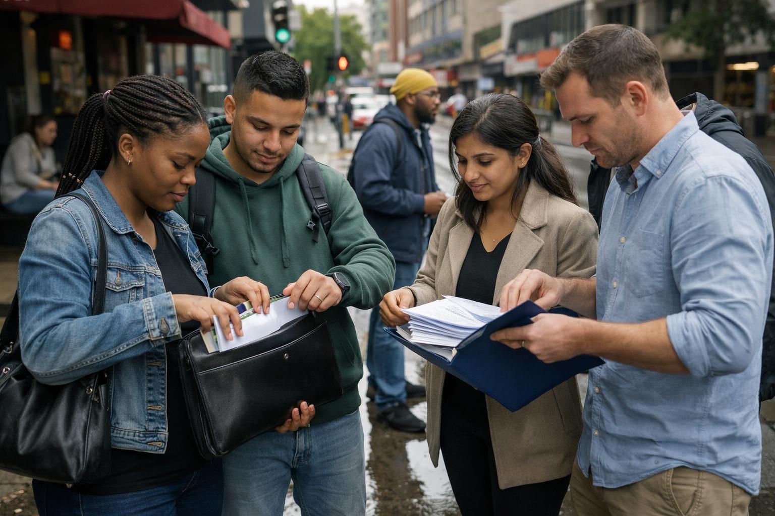 Mixed group of South African job seekers in Braamfontein packing CV folders outside a training centre after rain before an interview