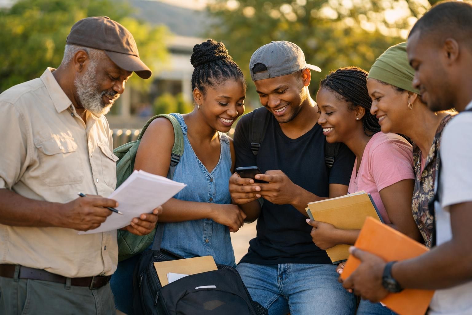 A multigenerational group of South African job seekers in a campus courtyard near Mbombela/Nelspruit, checking job alerts and comparing application papers in late afternoon golden light.