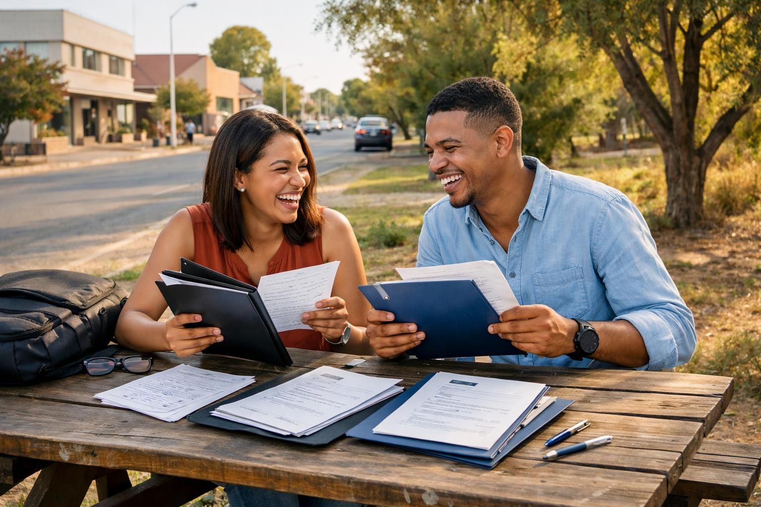 Two Coloured South African friends in Kimberley laugh while comparing interview notes at a picnic bench near a training college on a warm summer day.