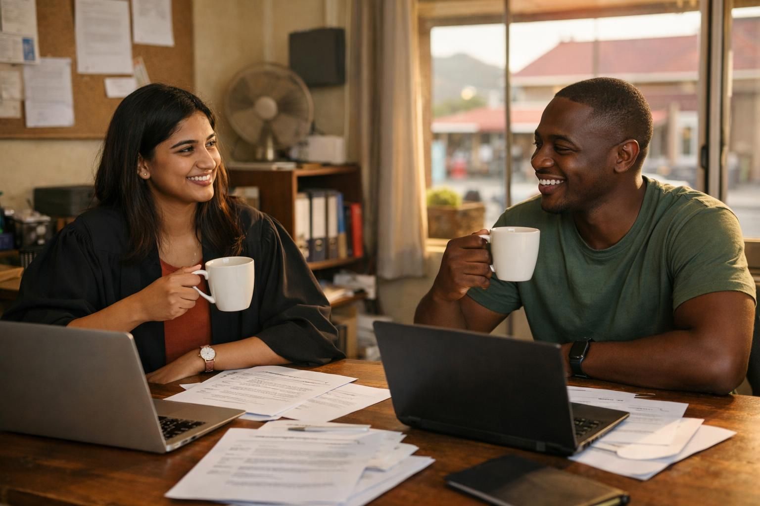 Two classmates in Kimberley take a coffee break with laptops and printed CV drafts in a modest workspace near a training college.