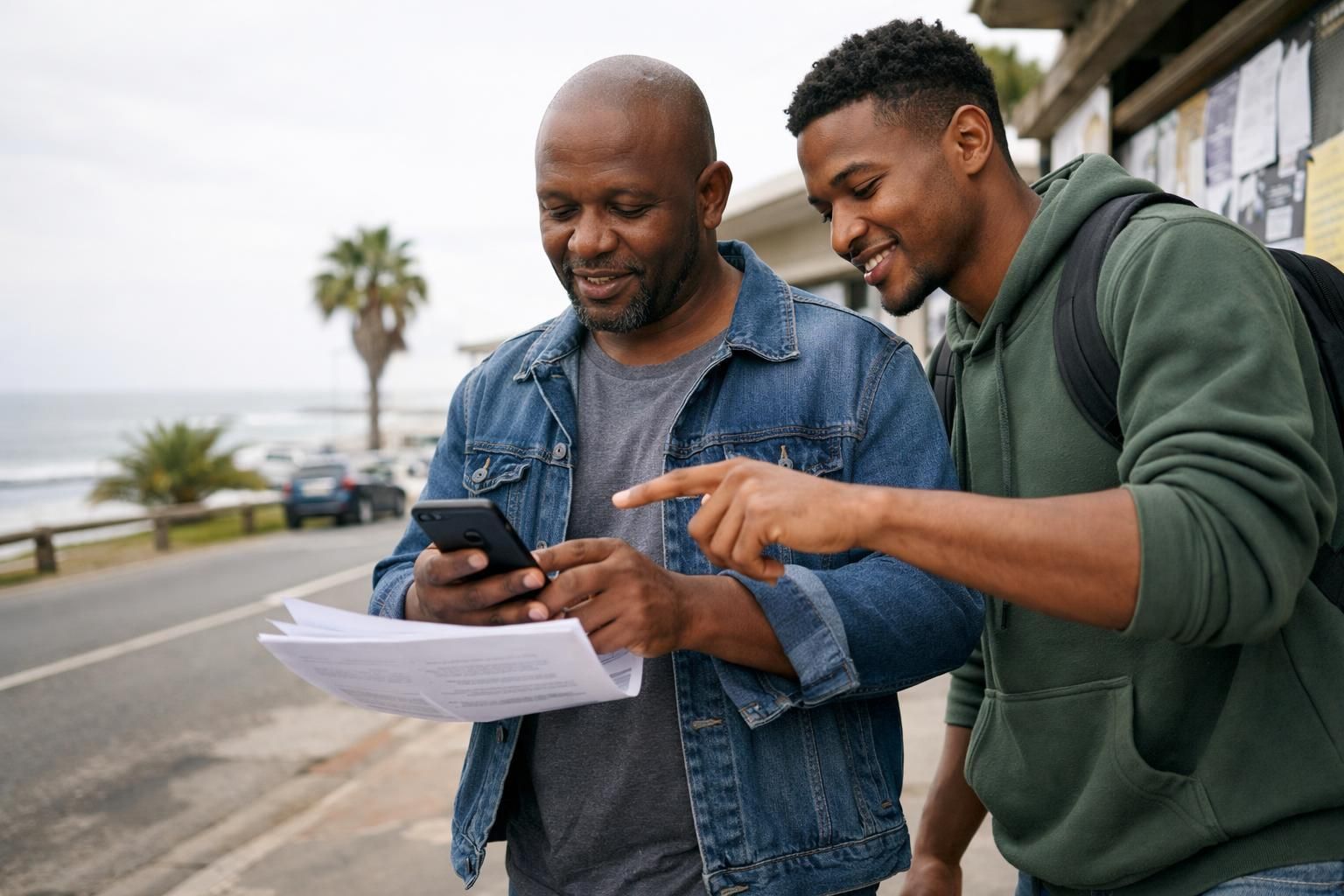 A father returning to studies and a younger mentor in East London review a CV on a phone with paper notes near a community centre noticeboard.