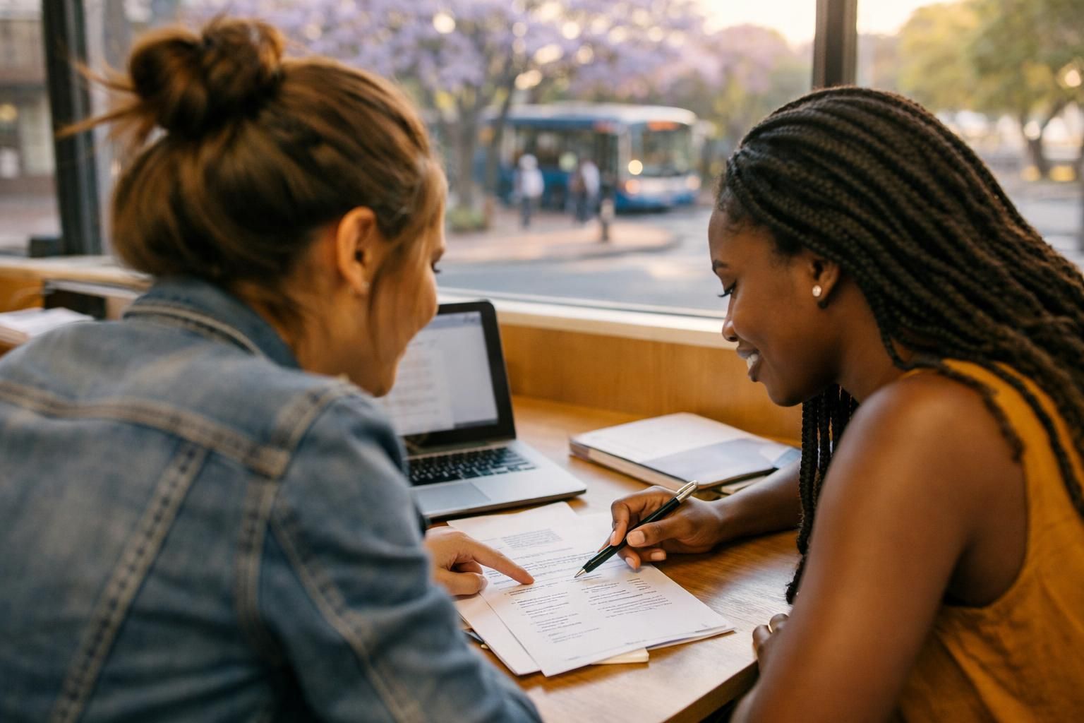 Over-the-shoulder photo of two friends at a Pretoria library table reviewing a CV and choosing admin skills in early morning light.