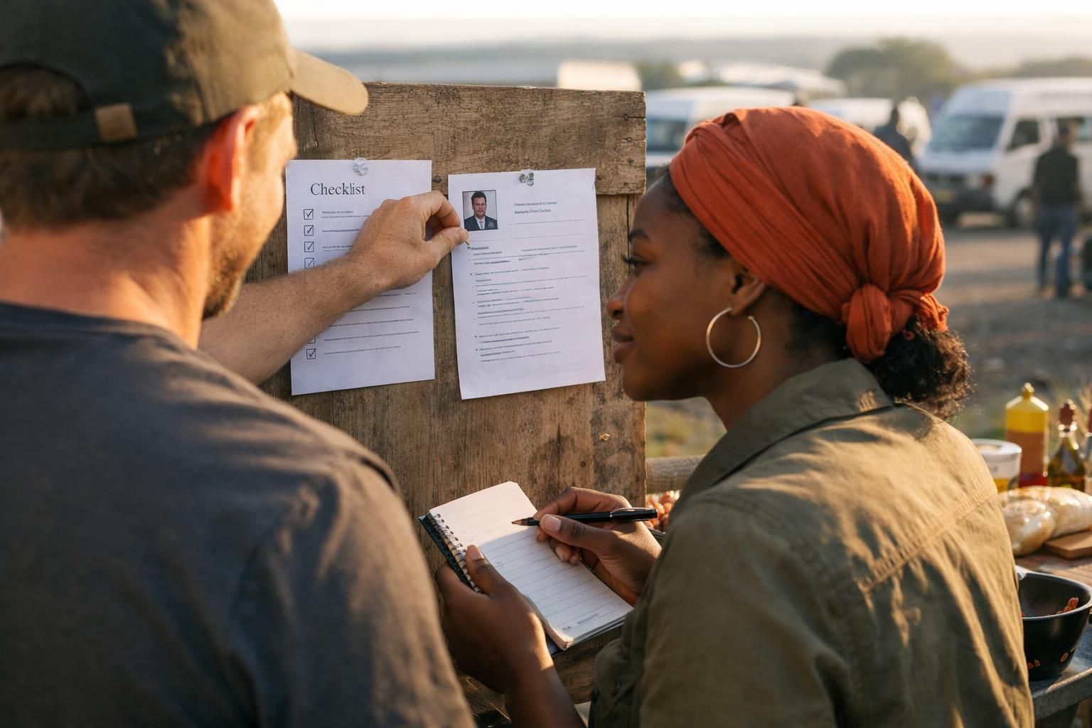 Over-the-shoulder view of two South Africans sharing notes while pinning a checklist beside a CV draft during relaxed braai prep near the Polokwane taxi rank.