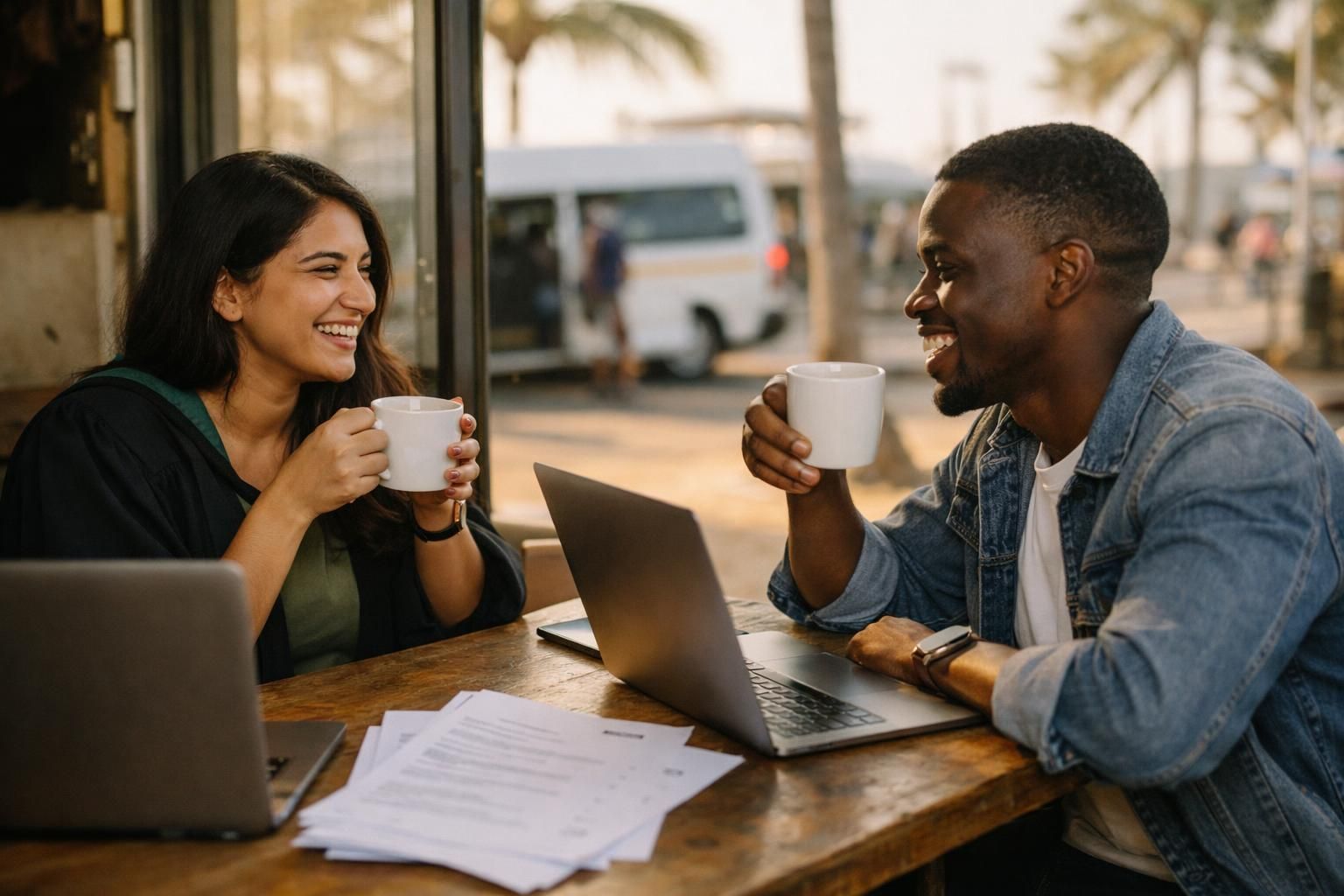 Two South African graduates take a coffee break with laptops and printed CV drafts in a modest workspace on Durban beachfront promenade near a minibus taxi stop.