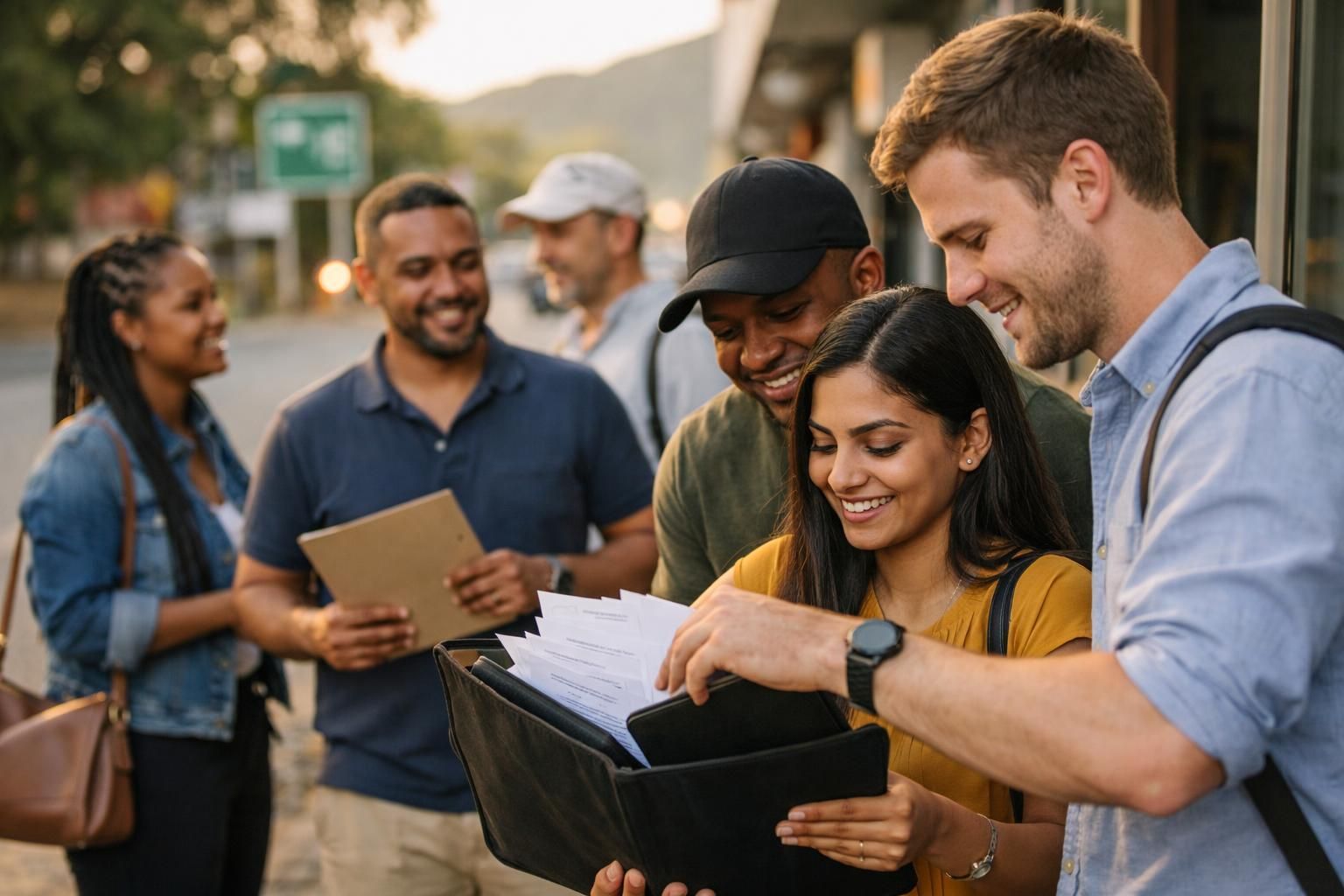 Mixed group of South African job seekers outside a training centre in Mbombela/Nelspruit packing a folder of documents in late afternoon light.