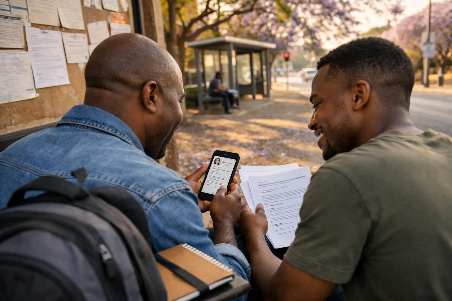 Over-the-shoulder view in Pretoria/Tshwane near a bus stop as a Black South African father returning to studies reviews a CV on his phone with a younger mentor, holding paper notes by a community centre noticeboard in early morning light.