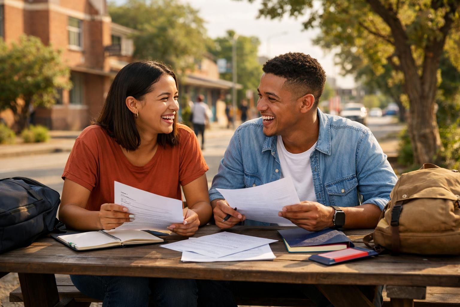 Two Coloured South African friends in Kimberley near a training college laugh while comparing interview notes at a picnic bench in warm summer light.