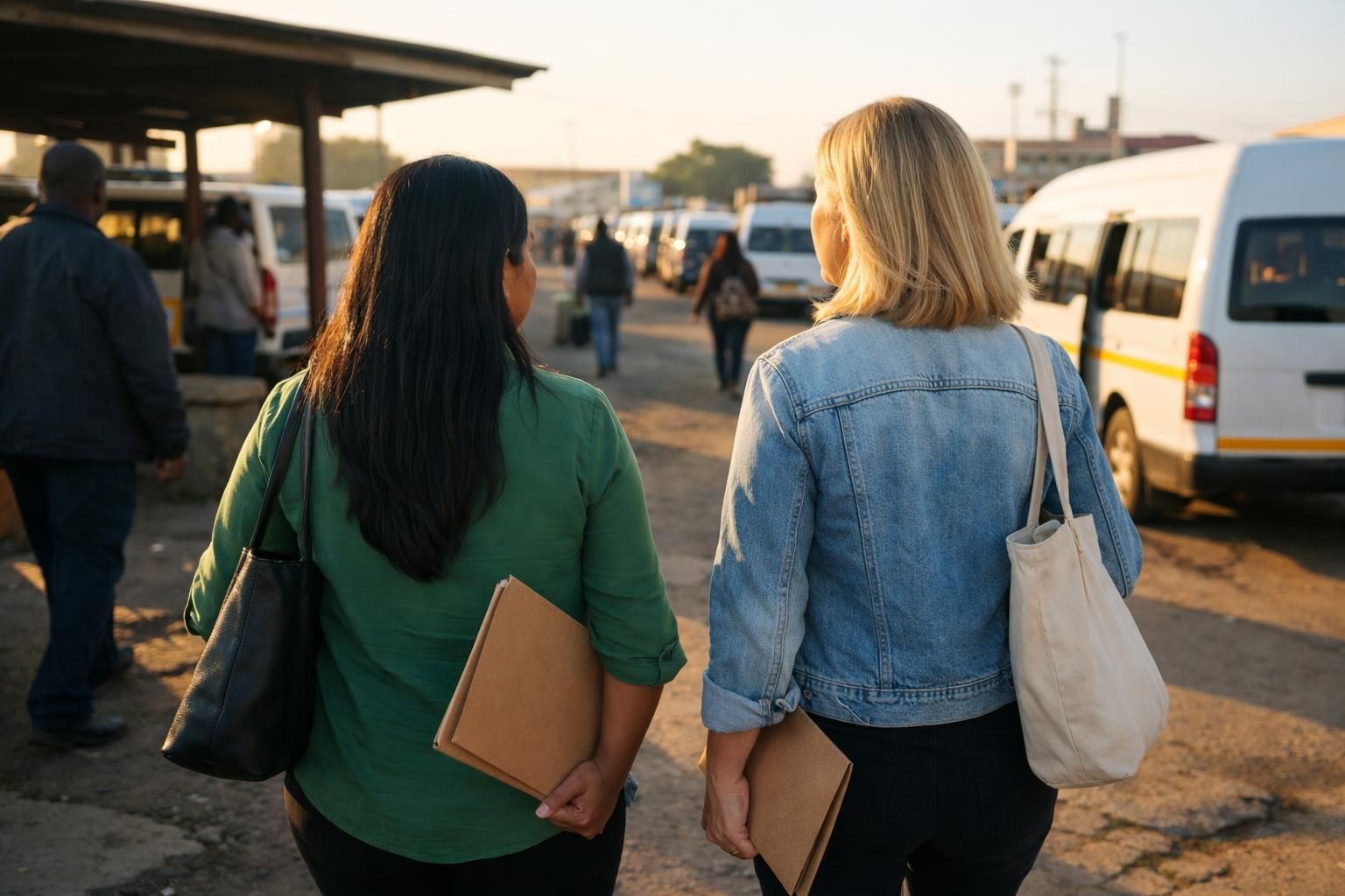 Over-the-shoulder candid photo of two colleagues walking at the edge of Polokwane taxi rank in early morning light, heading to an interview with CV folders.