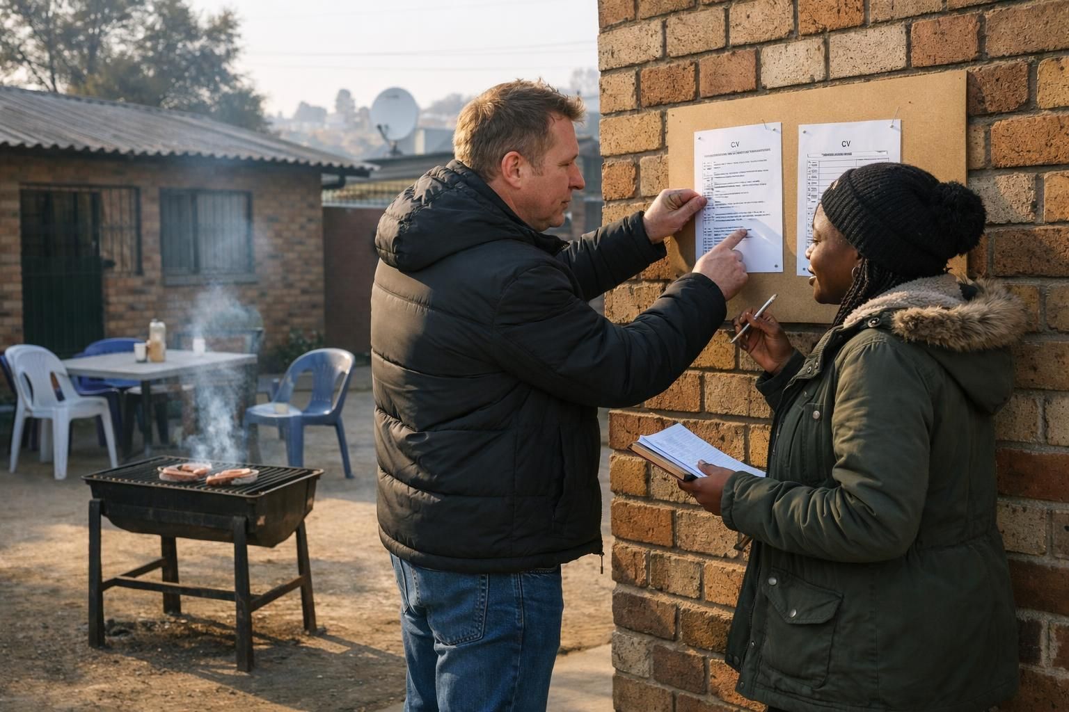A white South African man and a Black South African woman in winter jackets pin a printed checklist beside a CV draft in a Mamelodi community centre courtyard during relaxed braai prep.