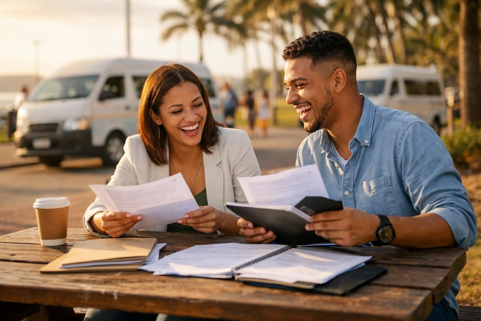 Two Coloured South African friends preparing for interviews laugh while comparing interview notes at a picnic bench near the Durban beachfront promenade by a minibus taxi stop in golden light.