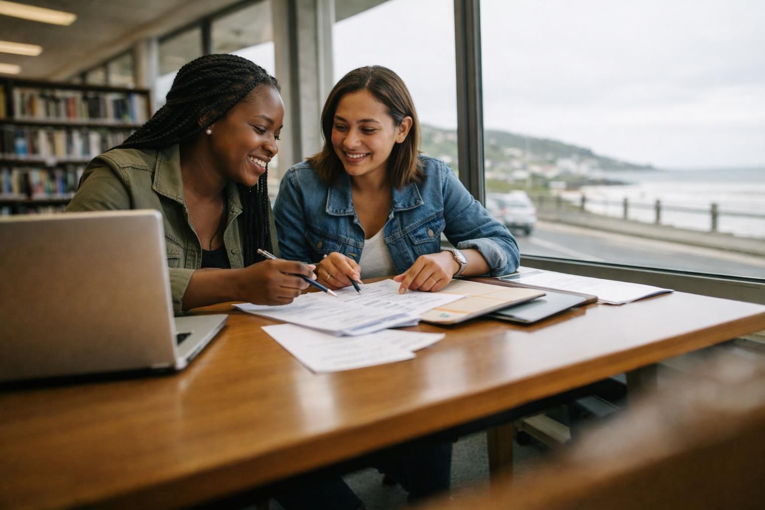 Two friends in a public library in East London help each other choose skills to add to a merchandiser CV on a bright overcast day.